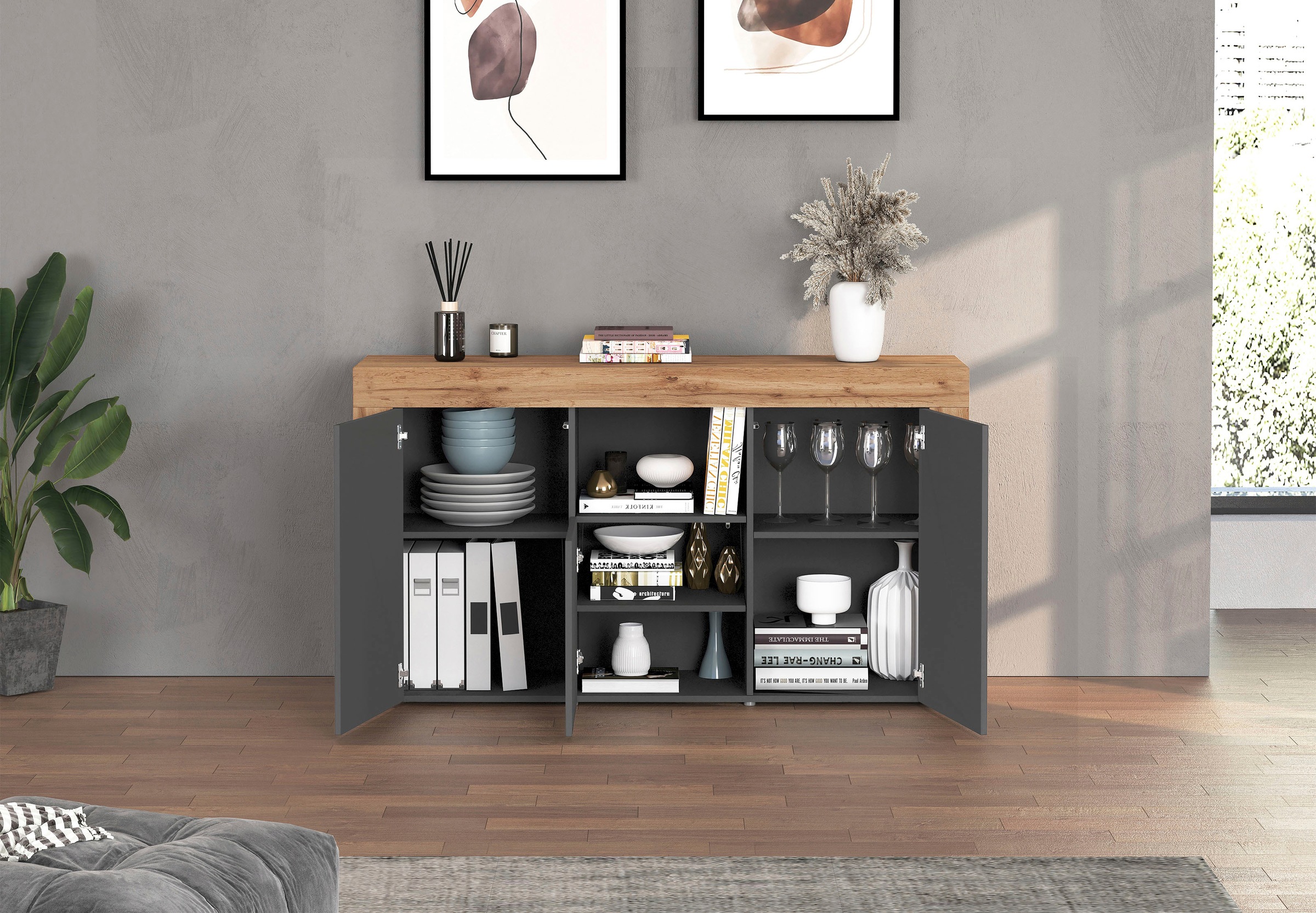 OTTO home Sideboard »CHRONOS Breite 155 cm mit 3 Türen, 1 offenes und 6 geschlossene Fächer« 1 Stk. tlg. Sideboard,Kommode, Schrank, Grifflos mit Push to Open, Made in Italy