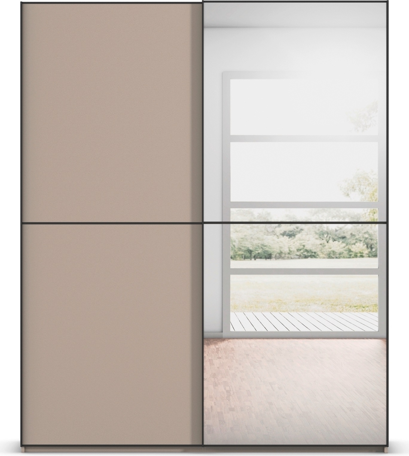 rauch Schwebetürenschrank »Kleiderschrank Schrank Garderobe Schlafzimmerschrank SCALE-DUO« edle zweigeteilte Türen, Spiegel und 3 Zierleisten MADE IN GERMANY