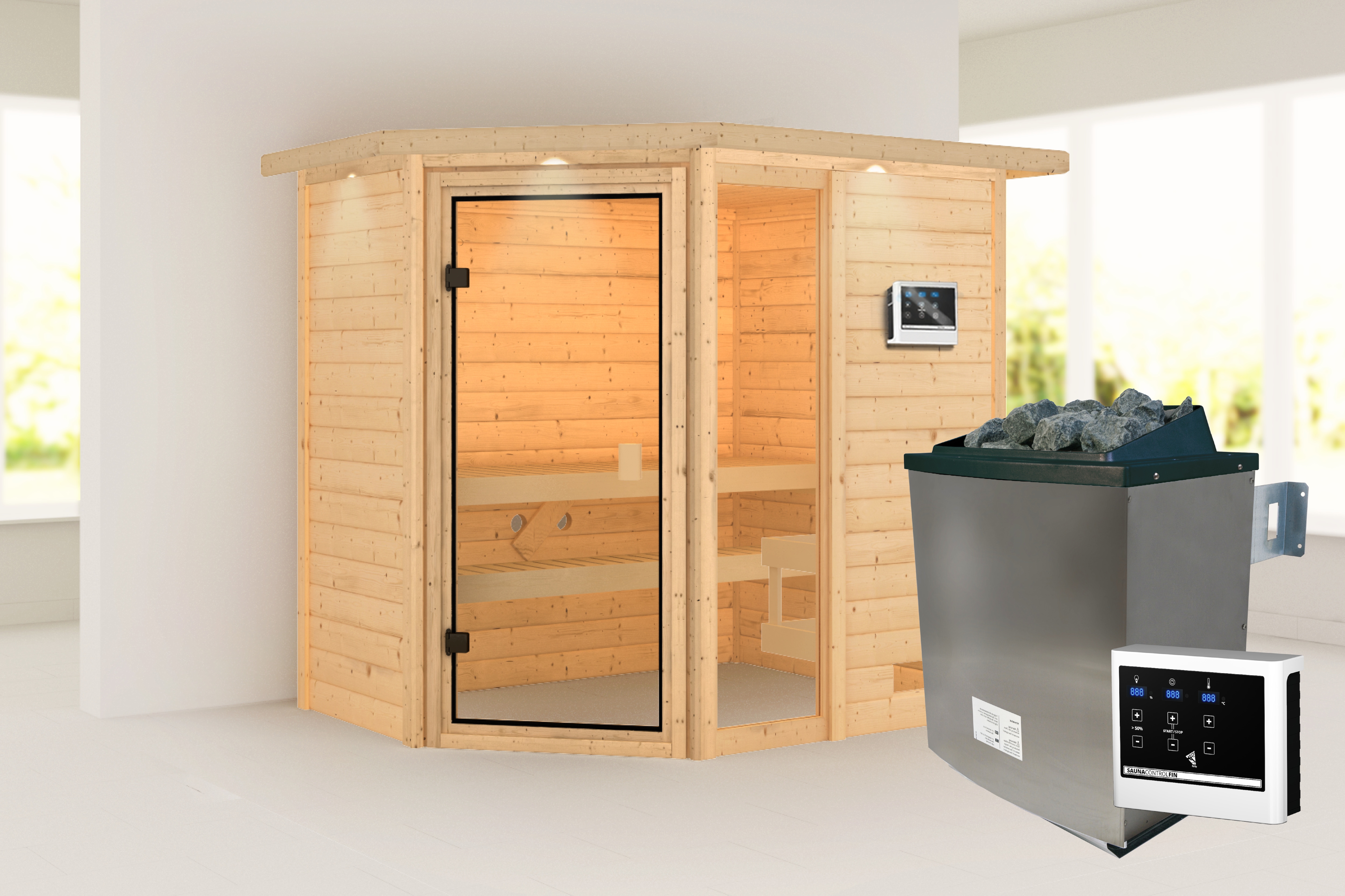 Karibu Sauna ""Josie" mit bronzierter Tür und Kranz, naturbelassen" aus hochwertiger nordischer Fichte