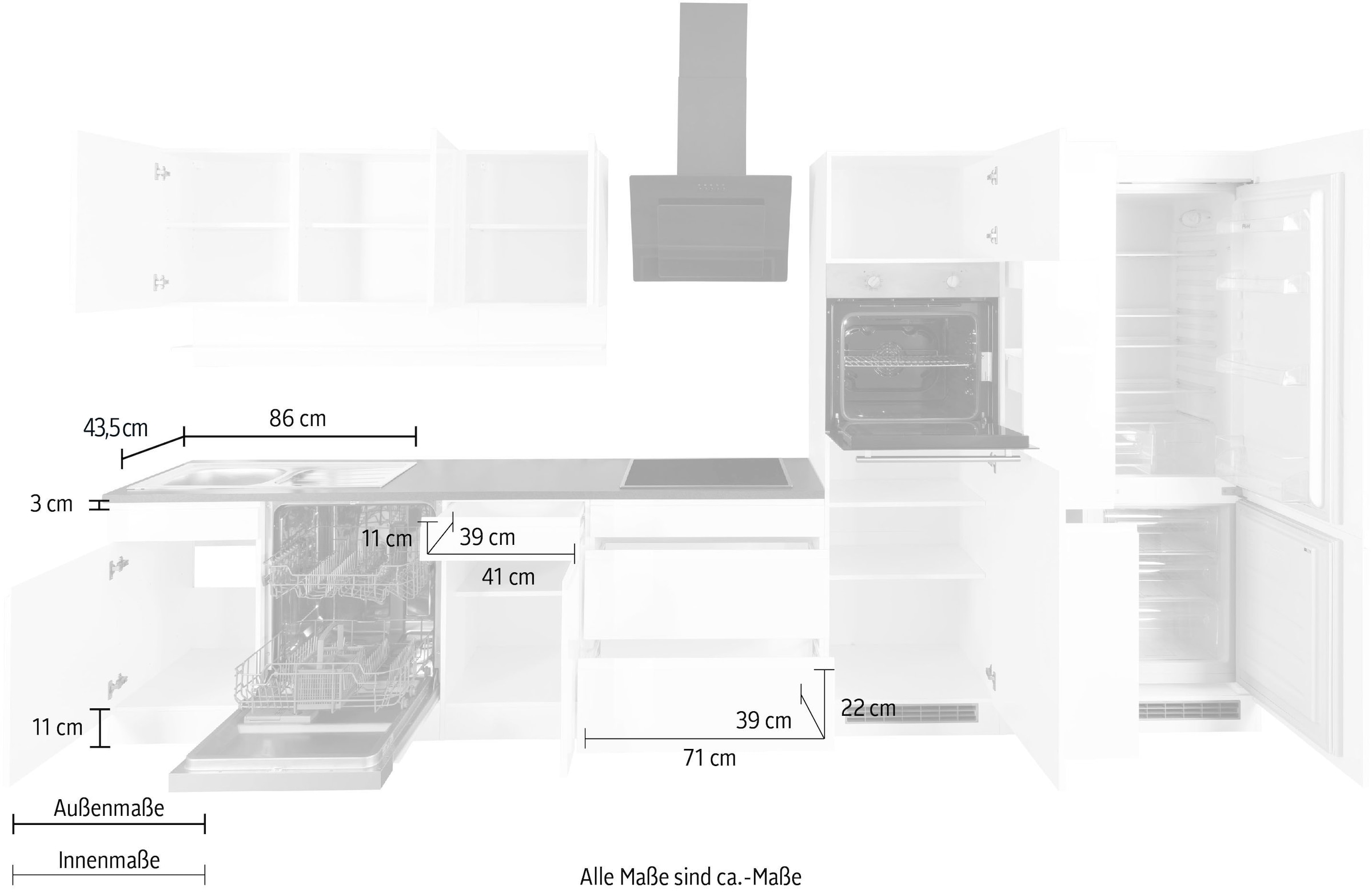 KOCHSTATION Küchenzeile »KS-Virginia«, Breite 390 cm, mit Glaskeramik-oder Induktionskochfeld