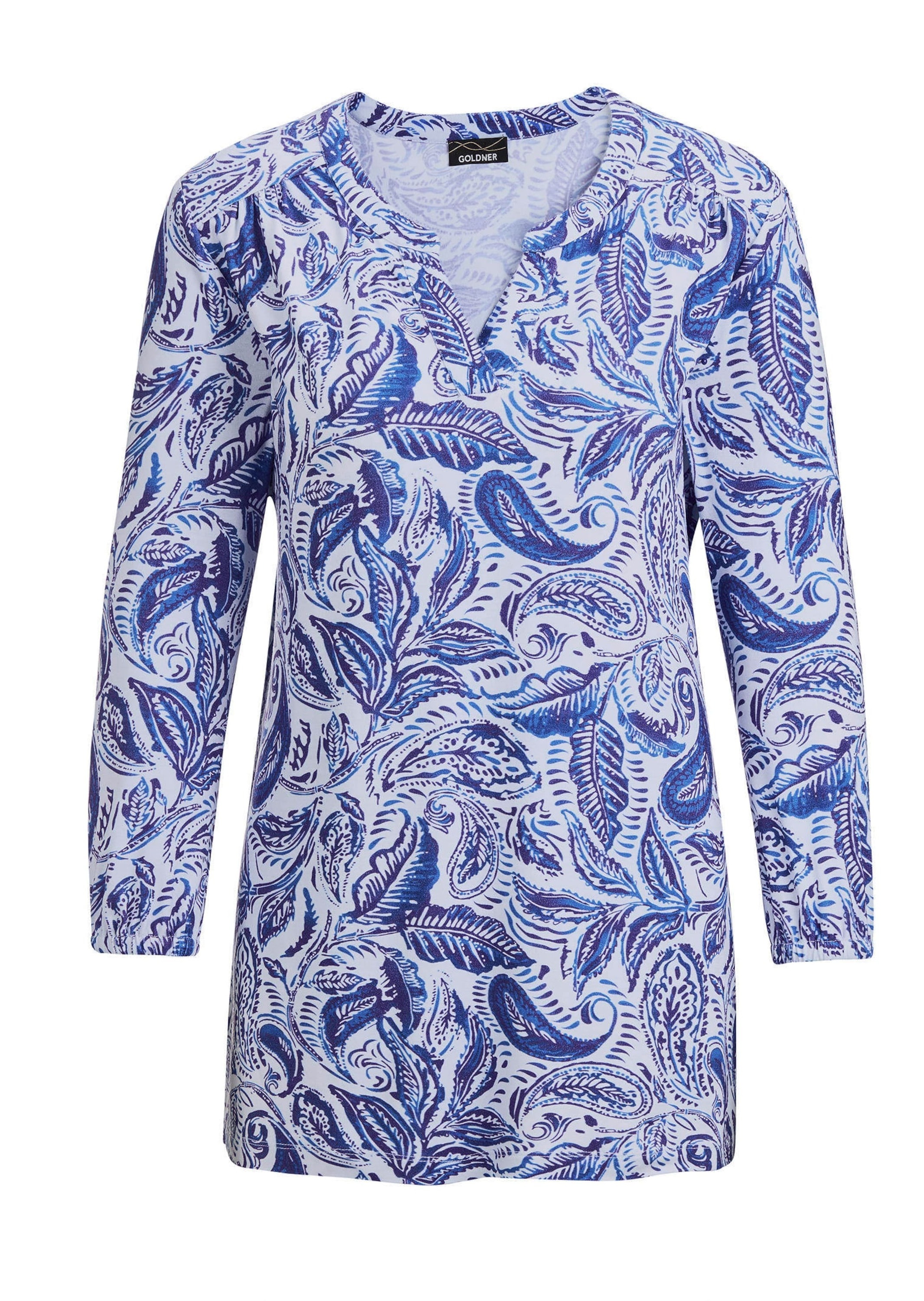 GOLDNER Damen Schlupfbluse "Bluse mit Muster, Halbarm", blau, Gr. 42, Obermaterial: 95% Viskose CV. 5% Elasthan EL., Blusen
