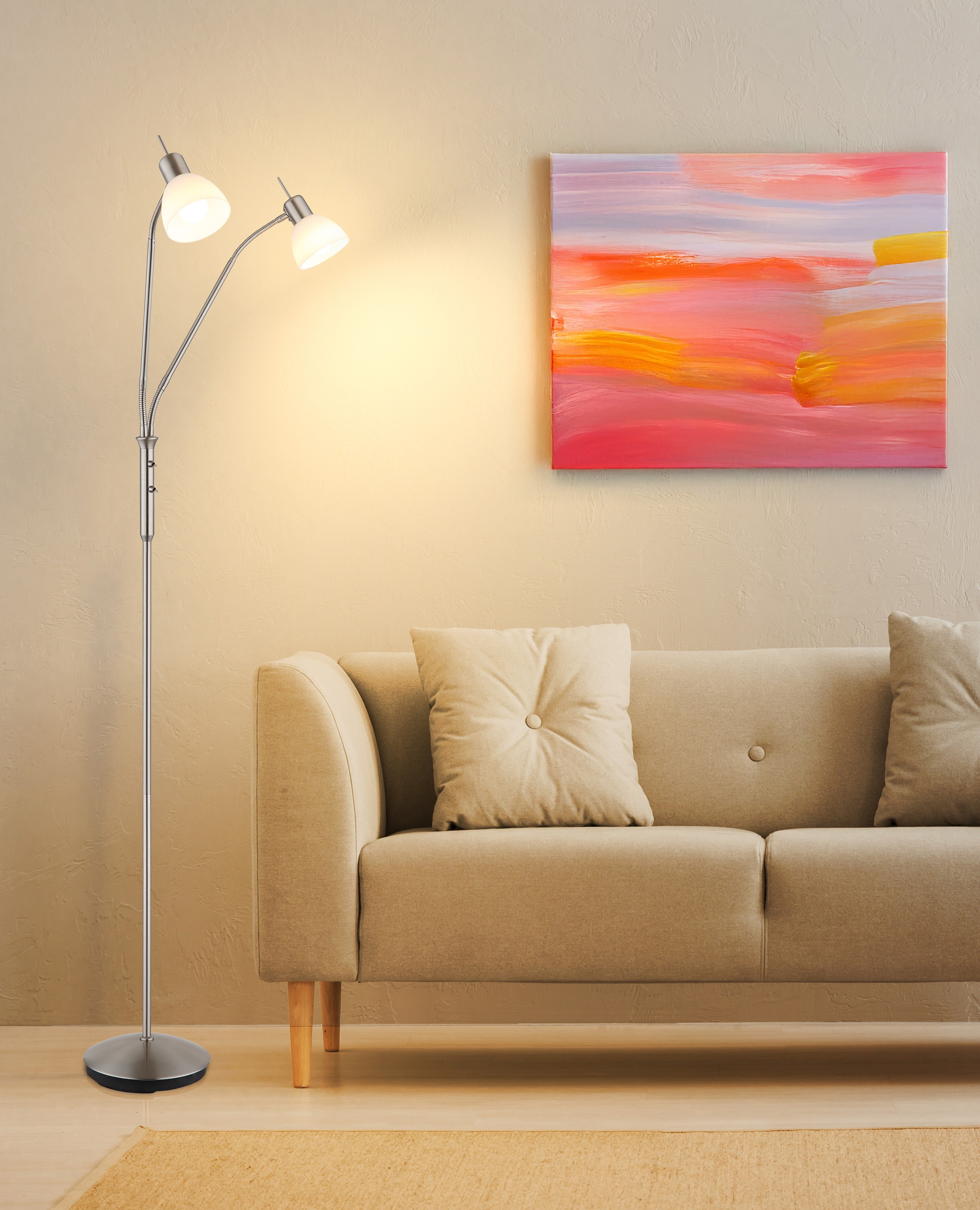 NOWA Stehlampe »MALTE« E14 1 Stk. Warmweiß Metall Nickel matt, Glas opal, 2-arm Flexo, inkl. 2x E14 LED