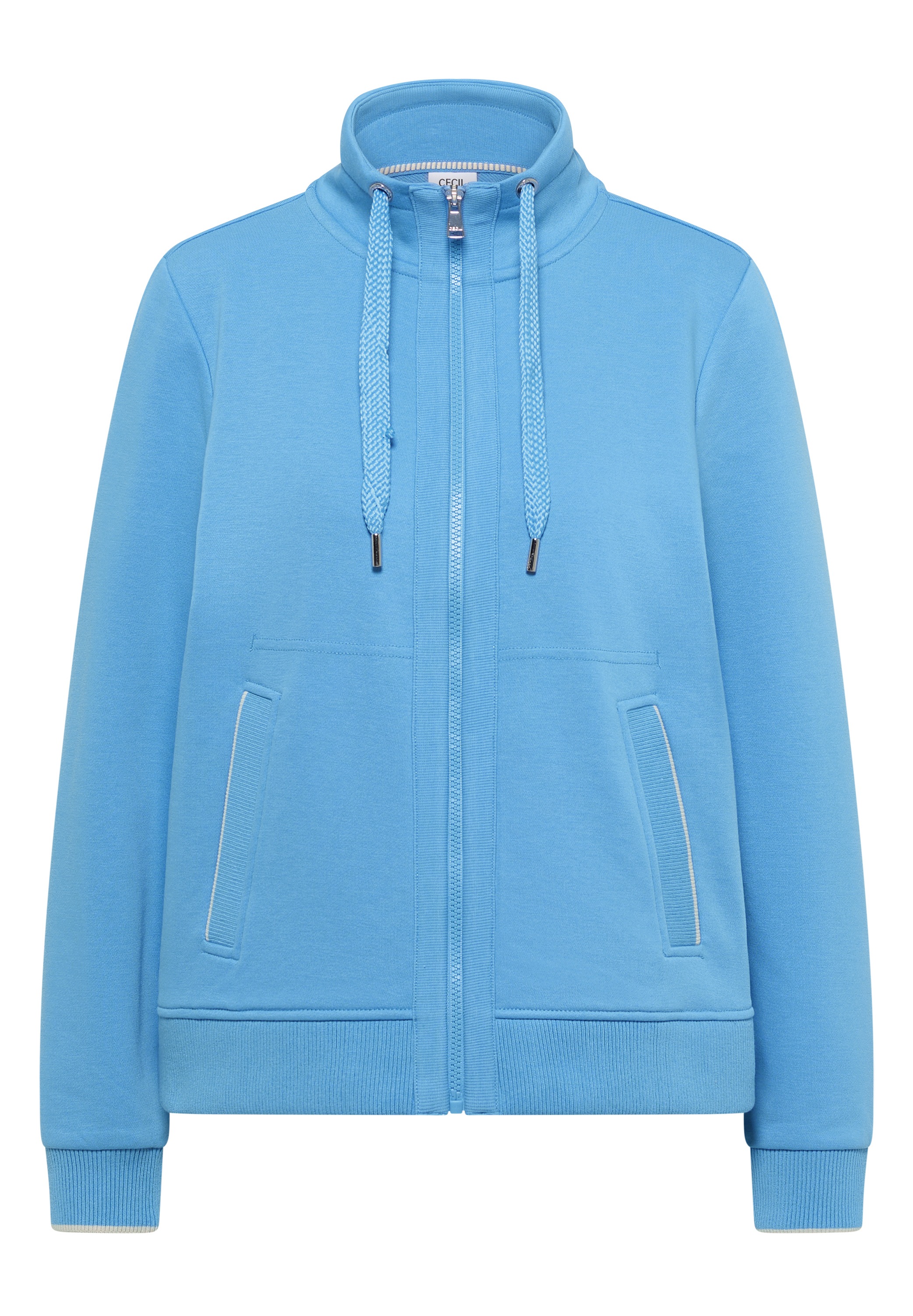 Sweatjacke CECIL, Damen, Gr. XXL (46), fountain blau, Sweatware, Obermaterial: 55% Baumwolle, 45% Polyester, unifarben, bequem hüftbedeckend, Rundhals, Bündchen, Sweatjacken Sweatjacke, mit Stehkragen und Reißverschluss 3