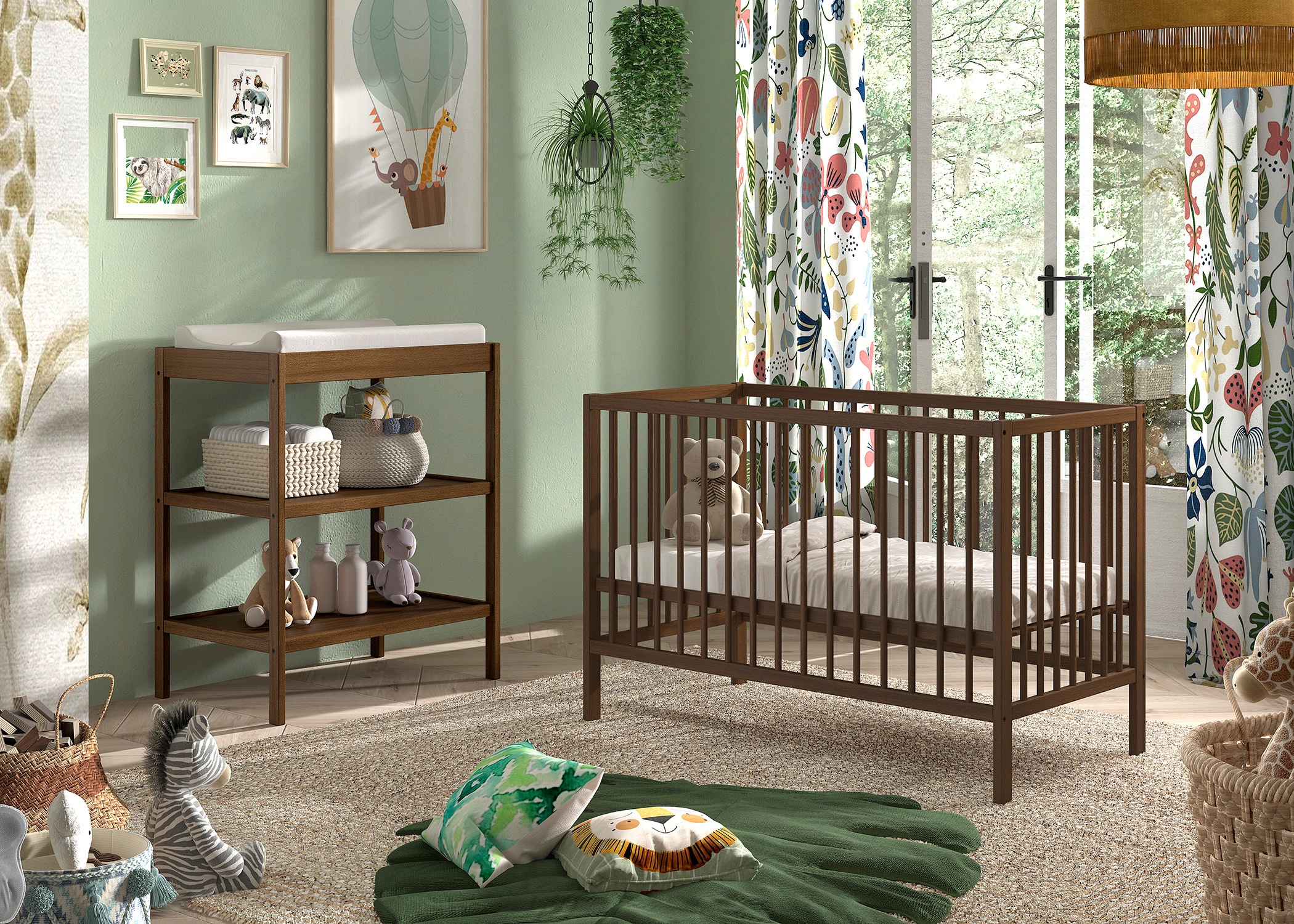 Vipack Babymöbel-Set »DINO, ideal für Ihr Kinderzimmer, Made in Europe, Buche massiv« best. aus Babybett 60/120 u. Wickelregal, 2 tlg. Liegefläche 3-fach höhenverstellbar, Ausf. Buche Nussbaumfarbig