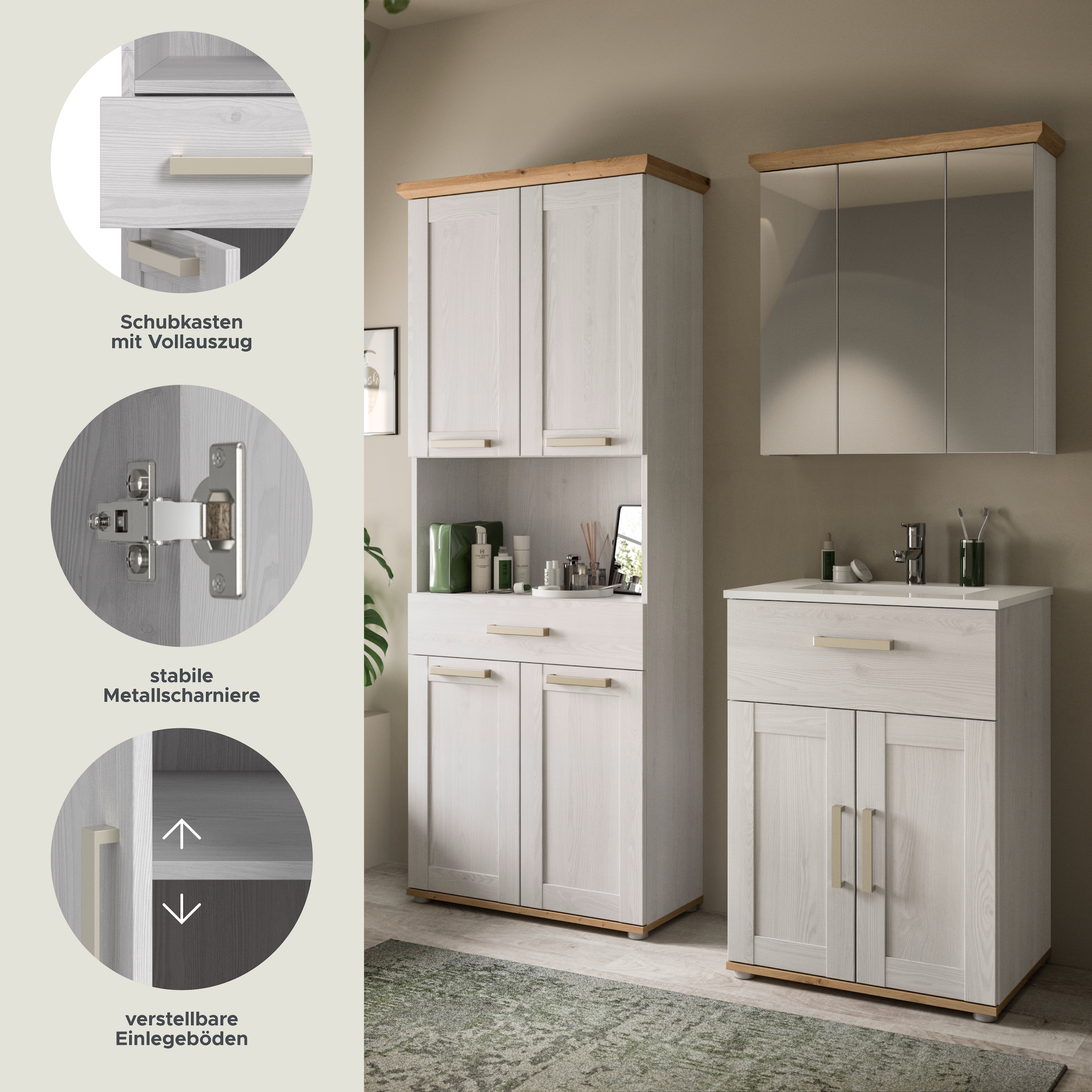 welltime Badmöbel-Set »COSENZA, 3-teilig, in Landhausoptik, mit farblich abgesetztem Kranz« best.aus: Hochschrank, Waschtisch inkl. Waschbecken & Spiegelschrank, 3 Stk. tlg.