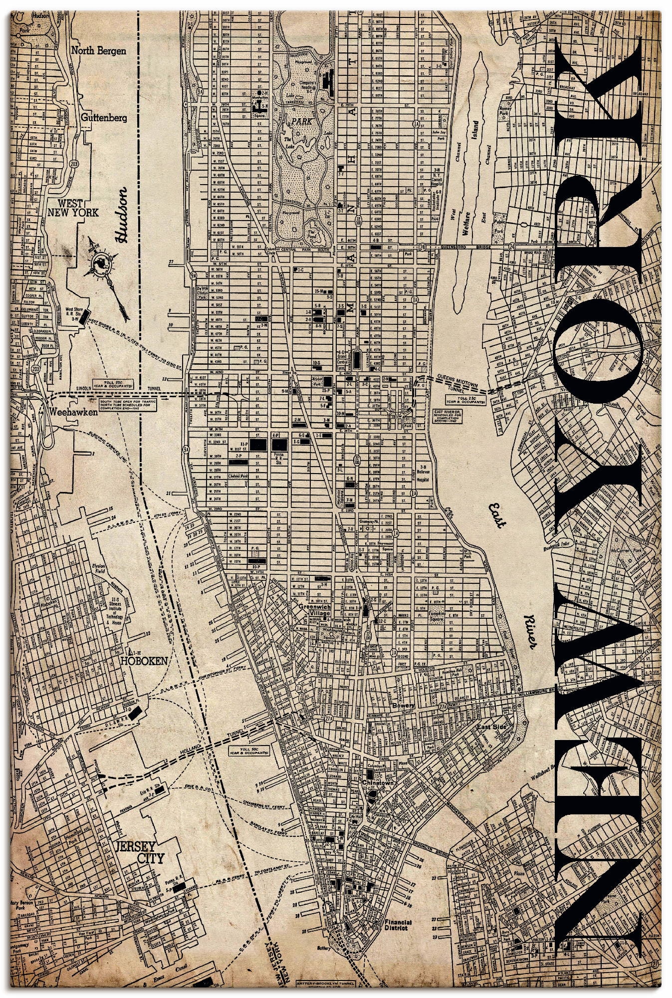 Artland Wandbild »New York Karte Straßen Karte Grunge«, Amerika, (1 St.), als Leinwandbild, Poster in verschied. Größen