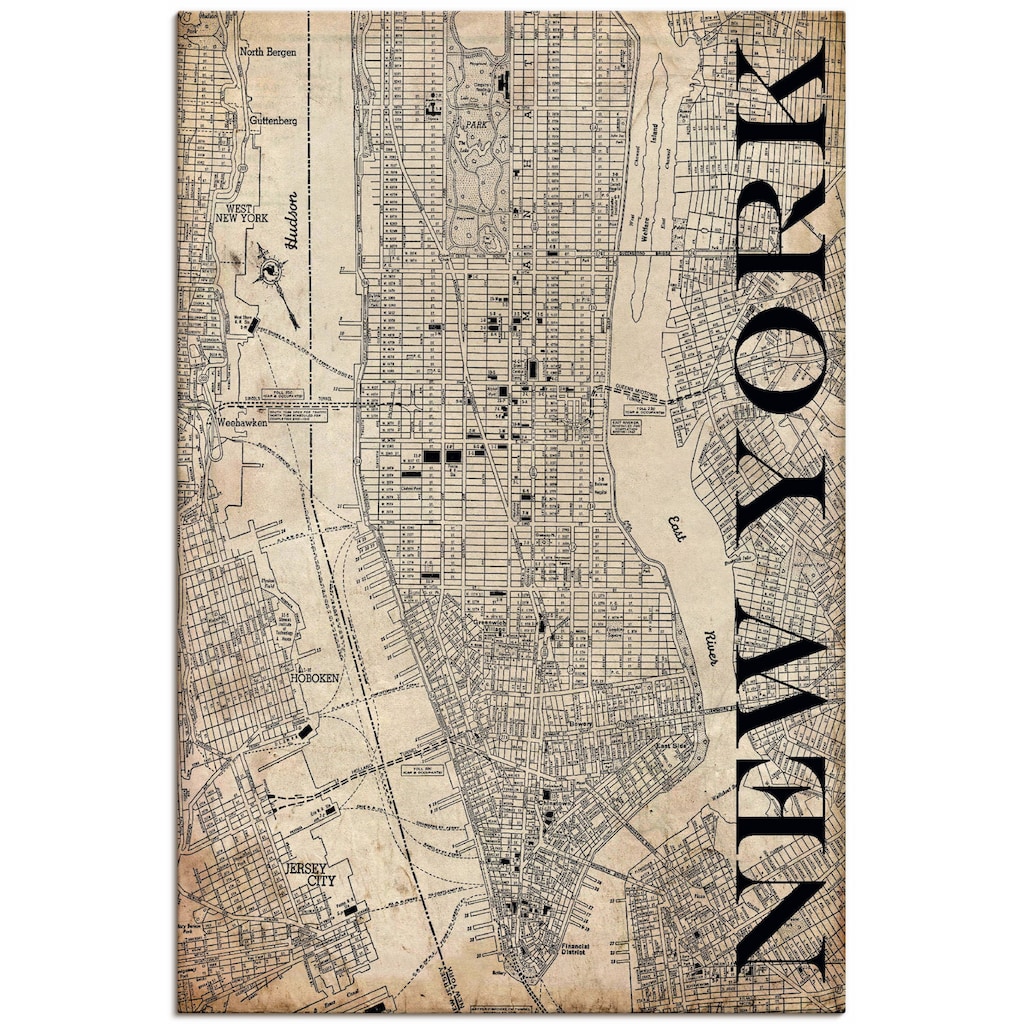 Artland Wandbild »New York Karte Straßen Karte Grunge«, Amerika, (1 St.)
