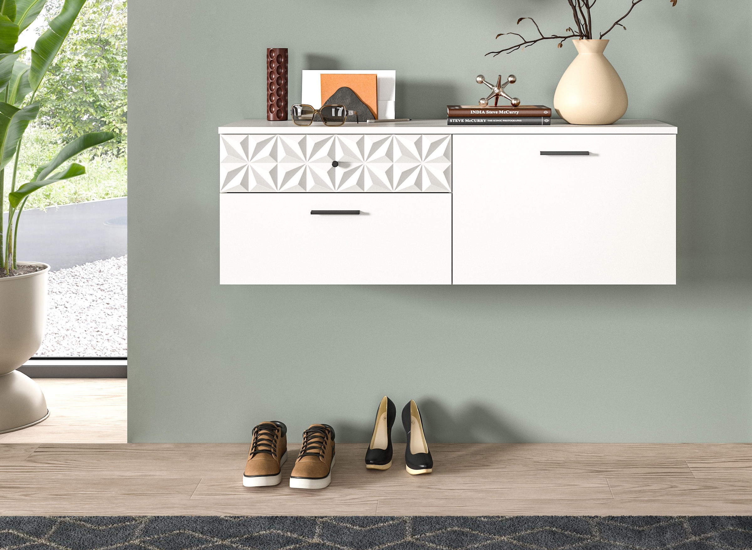 INOSIGN Schuhschrank »VICENZA, hängend, 2 Schubkästen, 1 Klappe, 2 Fächer, Ornamentabsetzung«, Hängeschrank, Flurschrank, Dielenschrank, Anrichte, Kommode