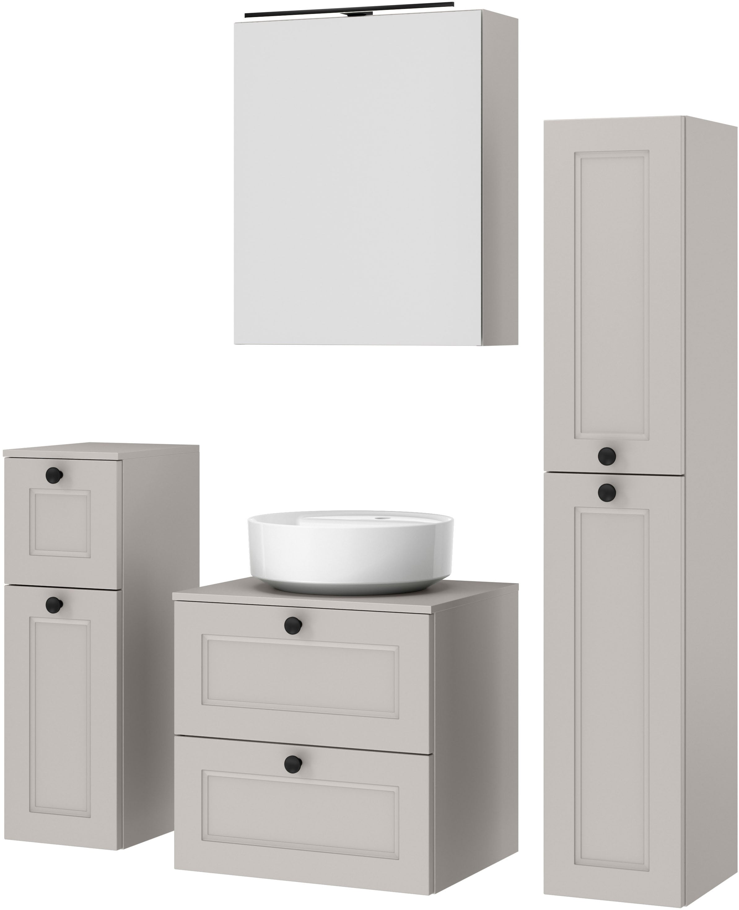 nobilia® Badmöbel-Set »Cascada« Set, inkl.  Aufsatzwaschbecken und Spiegelschrank mit Beleuchtung, 4 Stk. tlg.