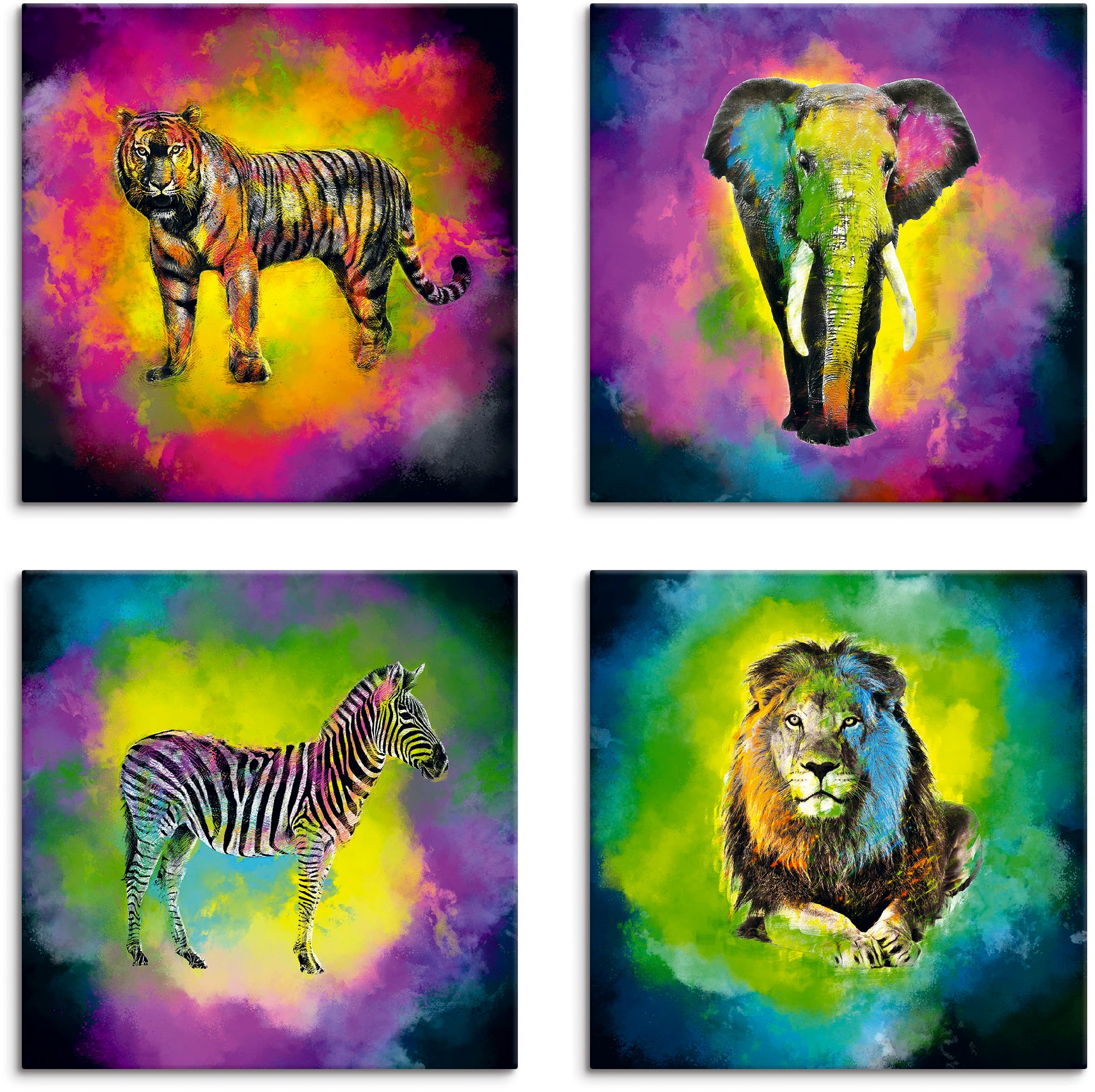 Artland Leinwandbild "Farbexplosion Elefant Löwe Zebra Tiger", Wildtiere, (4 St.), 4er Set, verschiedene Größen