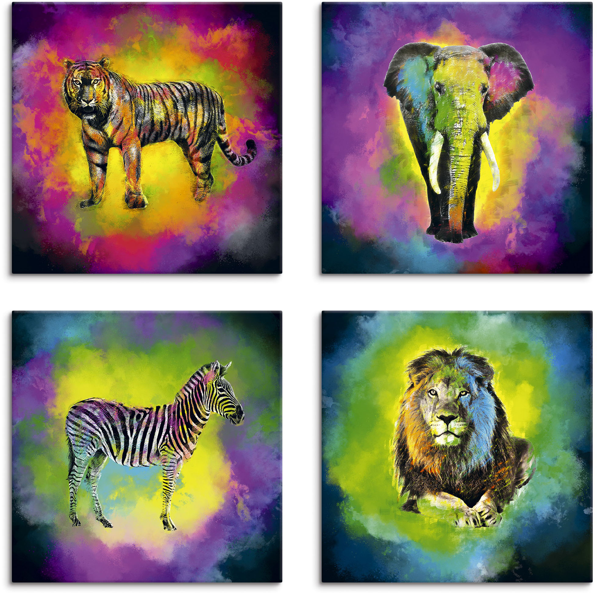 Artland Leinwandbild "Farbexplosion Elefant Löwe Zebra Tiger" Wildtiere 4 Stk. tlg. 4er Set, verschiedene Größen