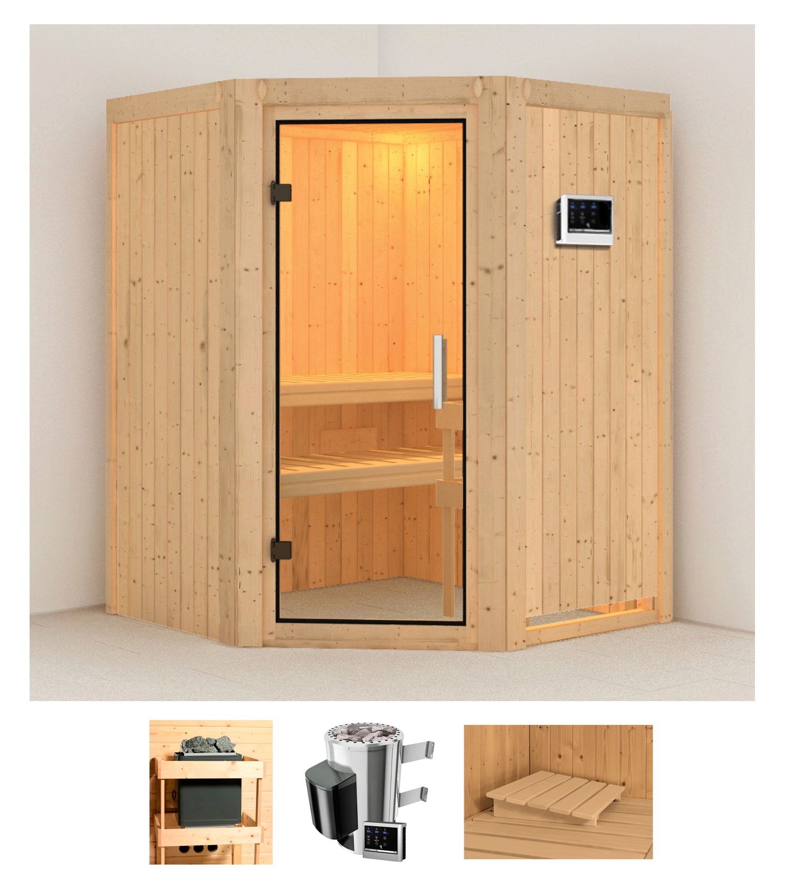 Karibu Sauna »Nanna«, (Set), 3,6-kW-Plug & Play Ofen mit externer Steuerung