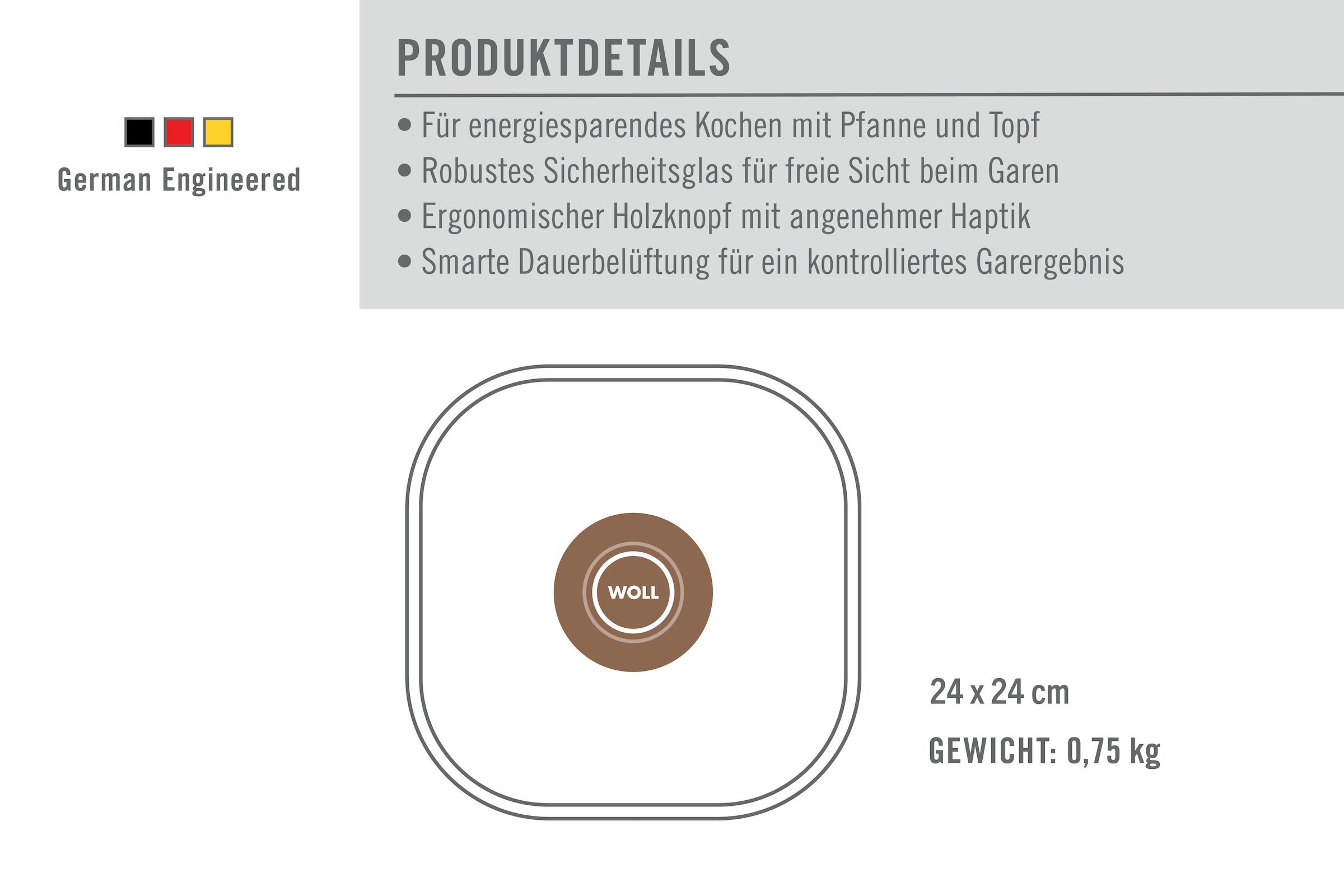 WOLL Universaldeckel »WOLL Eco Logic Sicherheitsglasdeckel mit Holzknopf, viereckig« Hitzebeständig, Spülmaschinengeeignet, für Pfannen und Töpfe