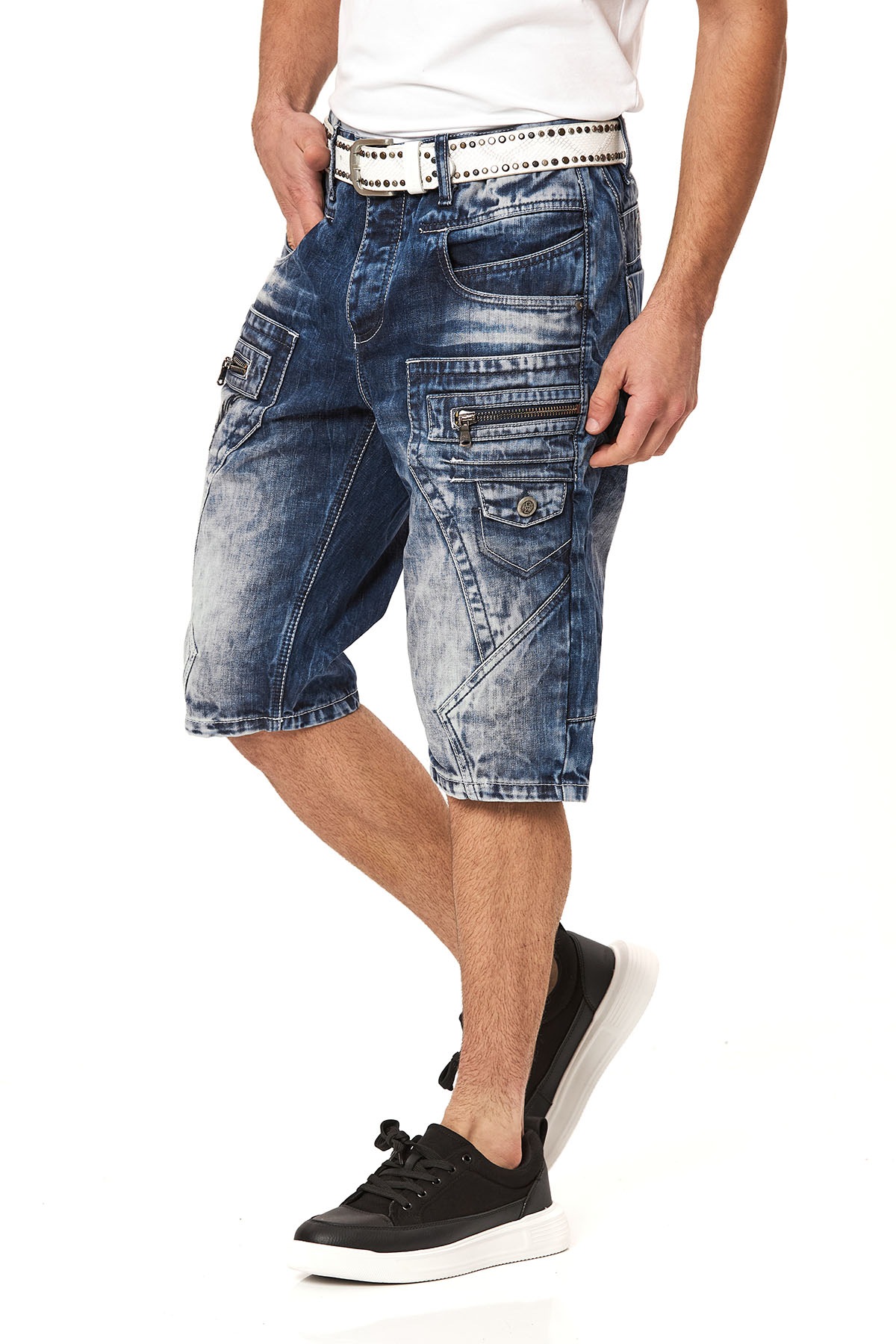 Jeansbermudas CIPO & BAXX, Herren, Gr. 32, N-Gr, blau, Denim/Jeans, Obermaterial: 100% Baumwolle, Abriebeffekte, regular fit kniebedeckend, Jeans, Baumwolle, regular fit 3