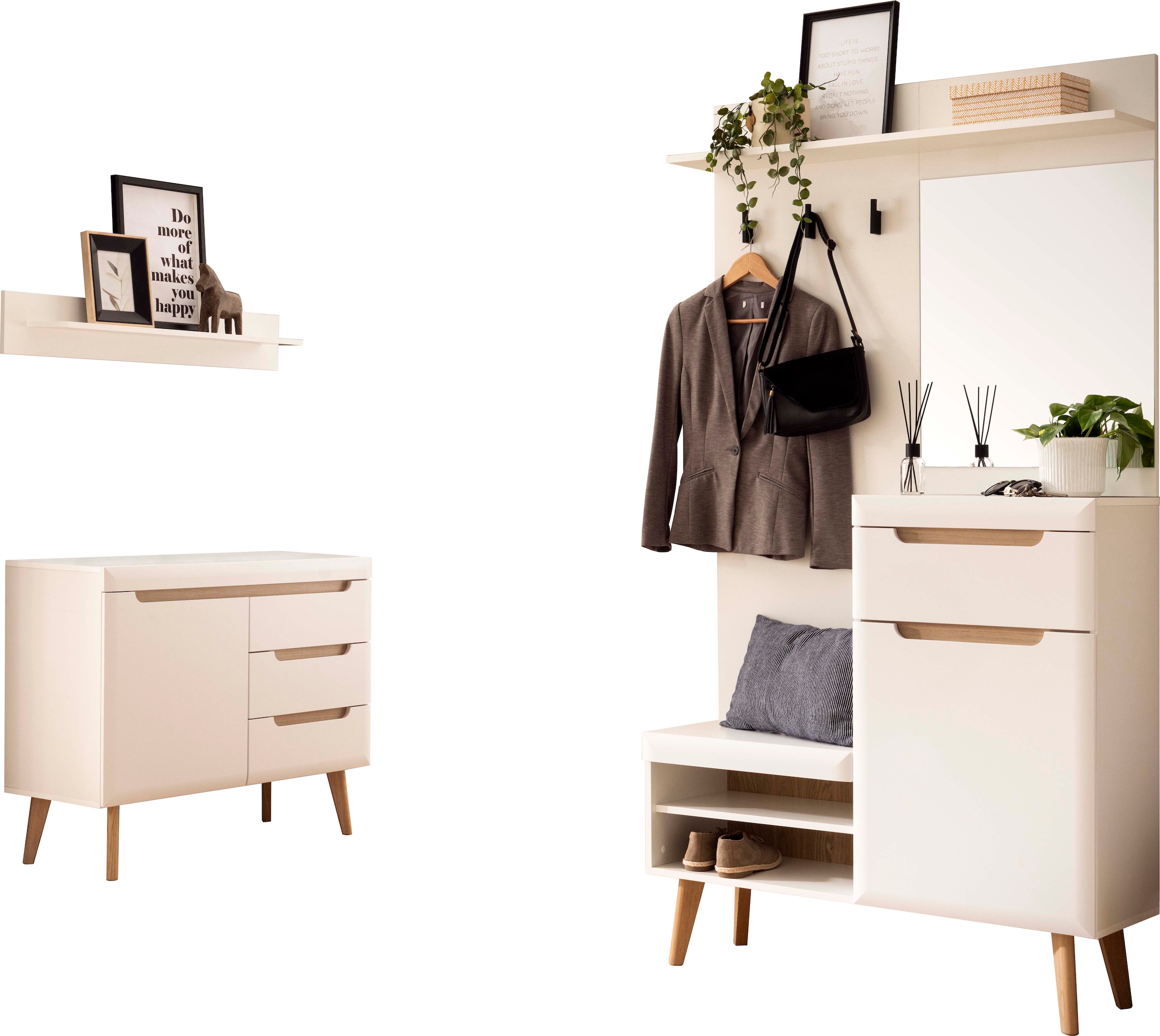 Home affaire Garderoben-Set »Torge, Garderobe mit Stauraum, Garderobenschrank im Scandic Design«, (Set, 3 St.), enthält Sideboard, Garderobe mit Spiegel und Wandboard, in zwei Farben