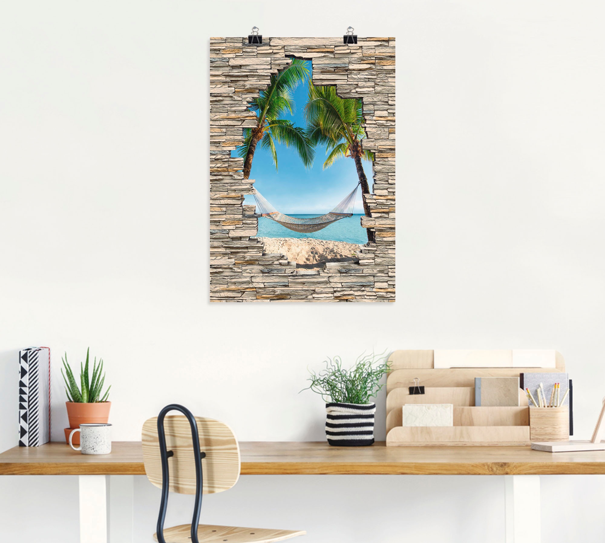 Artland Wandbild »Palmenstrand Karibik Hängematte Stein«, Karibikbilder, (1 St.), als Alubild, Outdoorbild, Poster in verschied. Größen