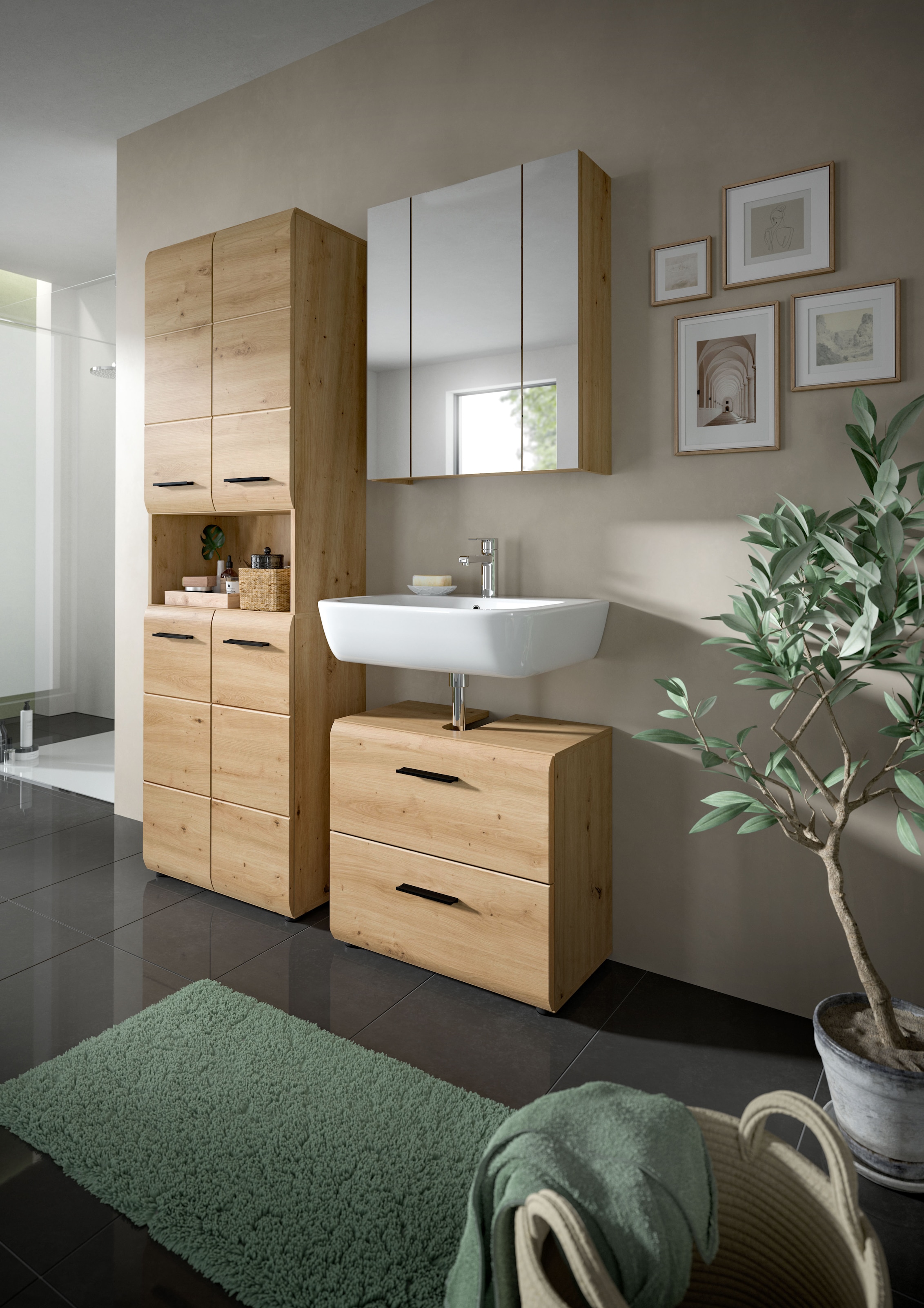 welltime Badmöbel-Set »FLORENZ,  3-teilige Badkombination, hochwertige MDF-Front« Set, best. aus: 1 Hochschrank, 1 Waschbeckenunterschrank, 1 Spiegelschrank, 3 Stk. tlg.
