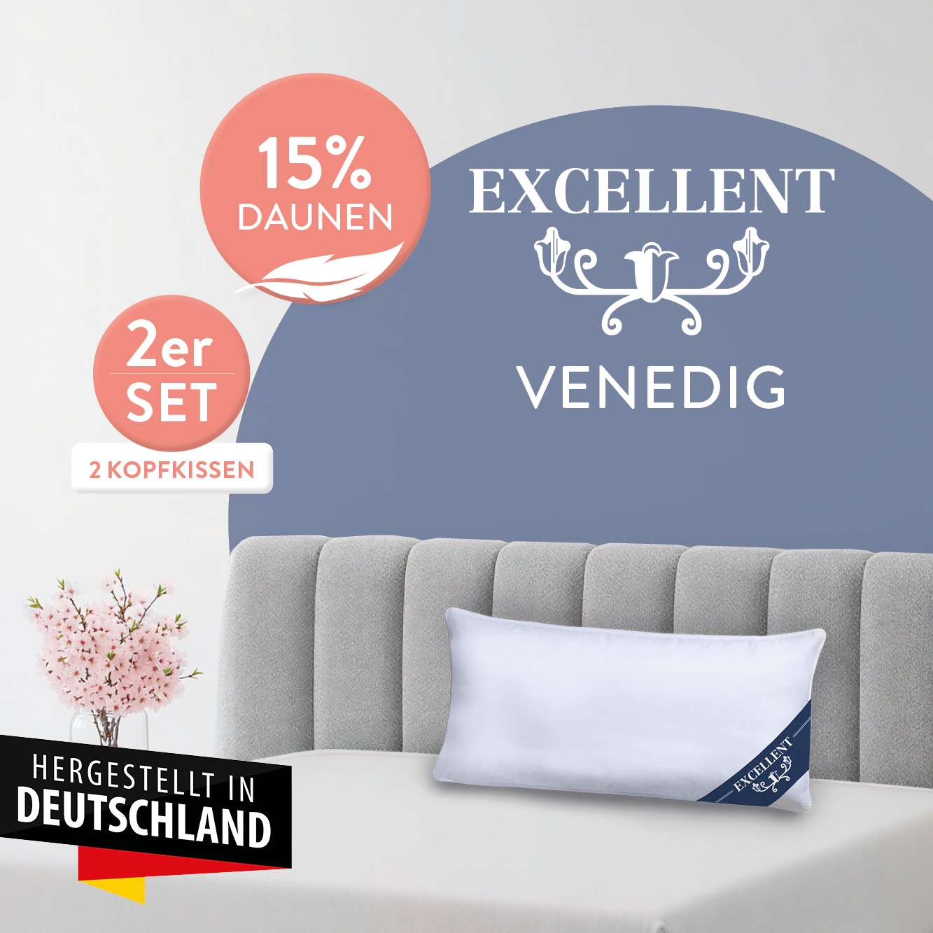 Excellent Kopfkissen "Venedig, Kuschel- oder Kopfkissen 1-tlg. oder 2 -tlg." Füllung: 85% Federn / 15% Daunen 2 Kopfkissen, 2 Stk. tlg. Deko- oder Kopfkissen in vielen Größen