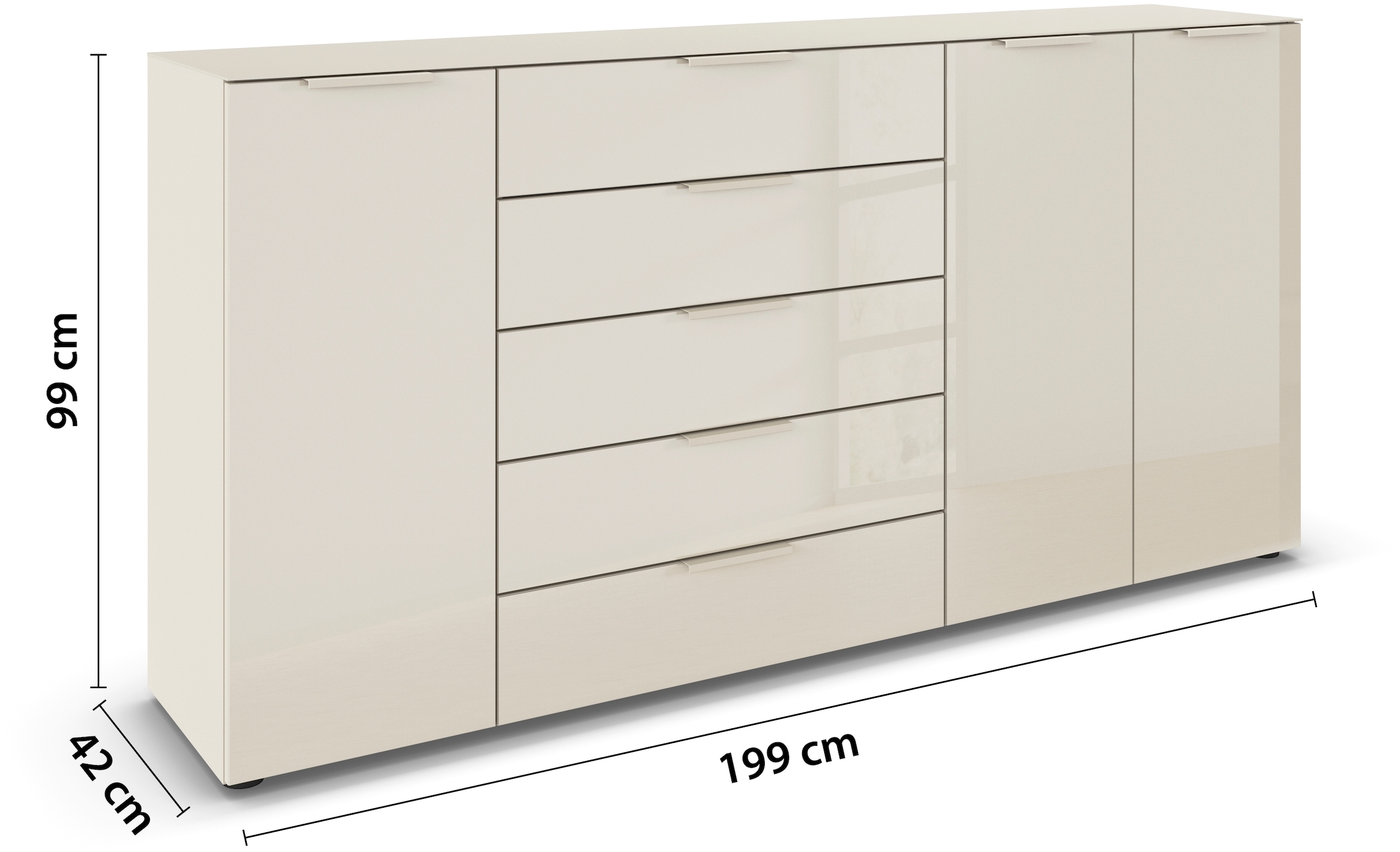 rauch Kombikommode »Kommode Türkommode Sideboard Kombikommode FLIPP mit Glasfront«, (Breite 200 cm mit 4 Einlegeböden), 3-türig, 5 Schubladen, Soft-Close-Funktion, Oberboden und Front Glas