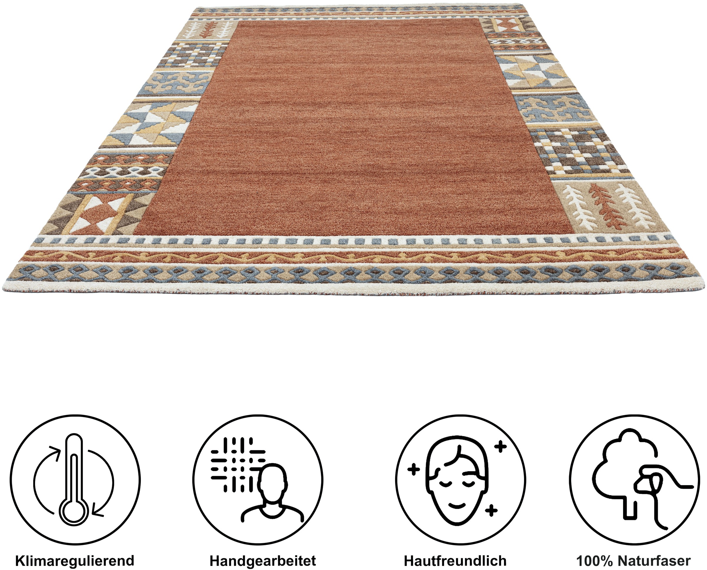 Thumbnail - THEKO Wollteppich "Nuno, reine Wolle, Handgefertigt, mit Bordüre" rechteckig 14 mm Höhe handgetuftet, Wohnzimmer, Schlaf...