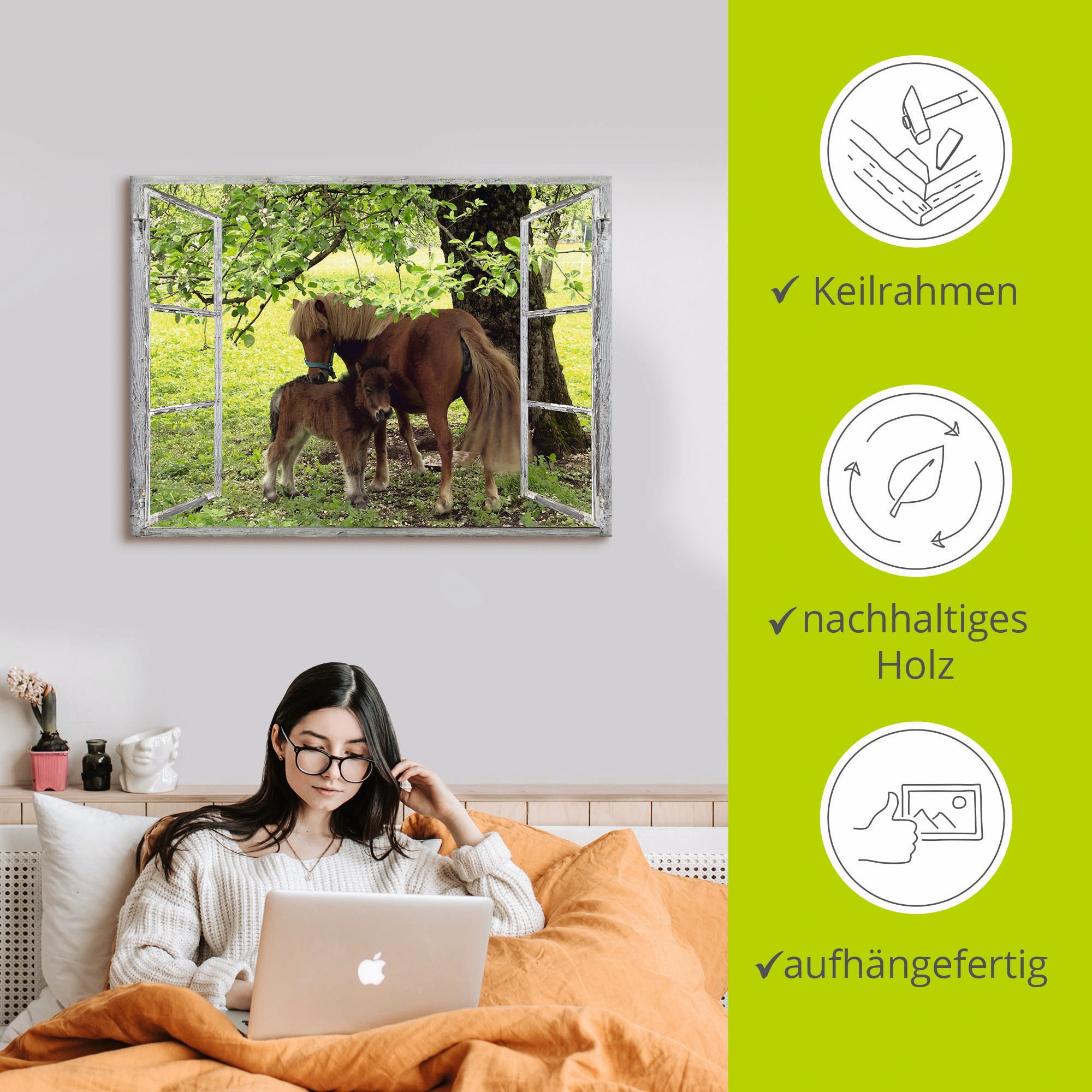 Artland Wandbild »Fensterblick - Pony mit Kind«, Haustiere, (1 St.), als Leinwandbild, Poster, Wandaufkleber in verschied. Größen
