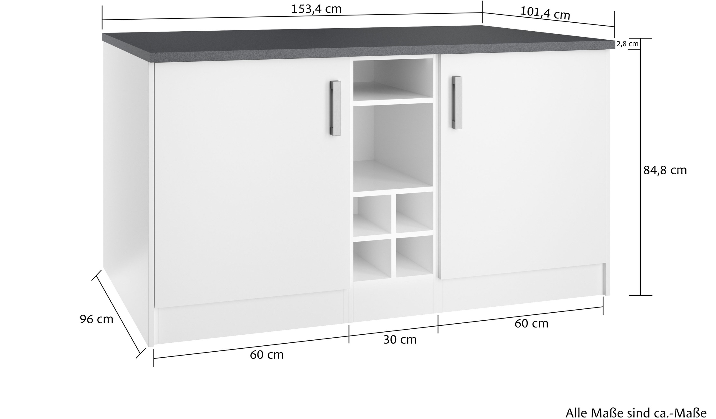 KOCHSTATION Kücheninsel »KS-Toronto«, Breite 153 cm, MDF-Fronten, Flaschenregal
