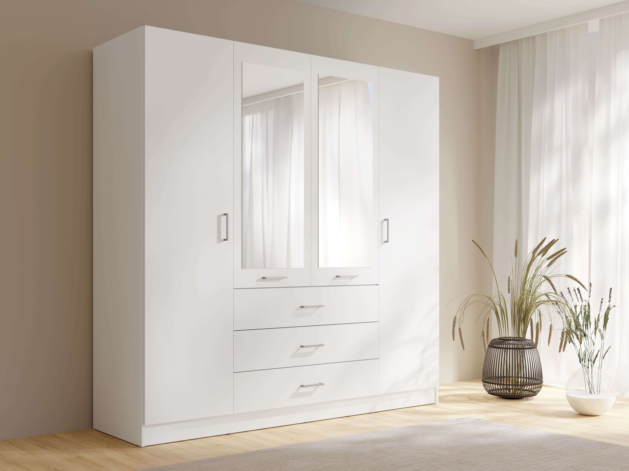 OTTO home Kleiderschrank "KOS Garderobe mit 3 Schubladen, Kleiderstange, 8 Einlegeböden, Spiegel" Wäscheschrank mit 4 Drehtüren, silber Griffen, Maße B/H/T 200/200/58cm