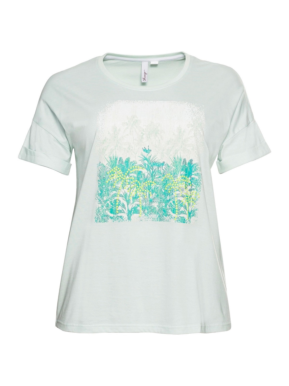 Sheego T-Shirt kaufen BAUR für Größen«, | »Große Ärmelaufschlag und mit Frontdruck