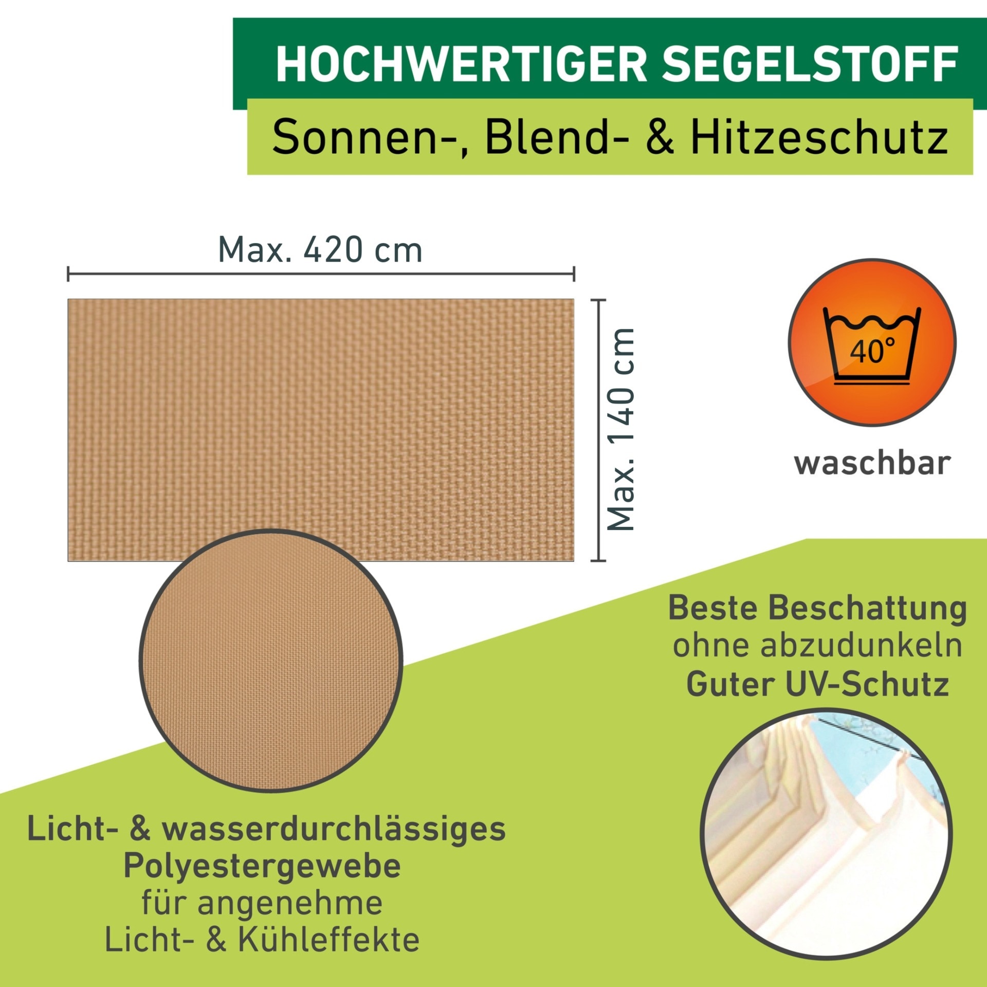 Windhager Sonnensegel für Seilspannmarkise, inklusive Laufhaken, 4,2x1,4 m