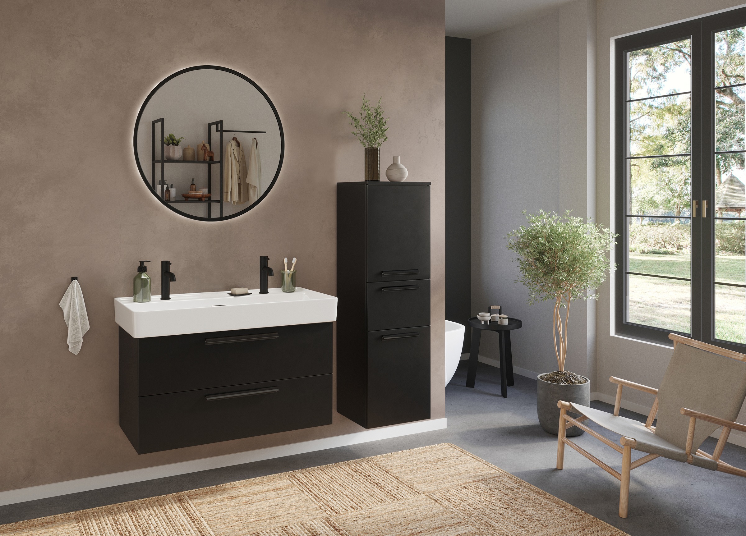 welltime Badmöbel-Set »SALVADA, 3tlg-Set, gedämpfte Scharniere, Softclose, Keramikbecken« Maße (B/T/H): 140/47,5/200 cm, 