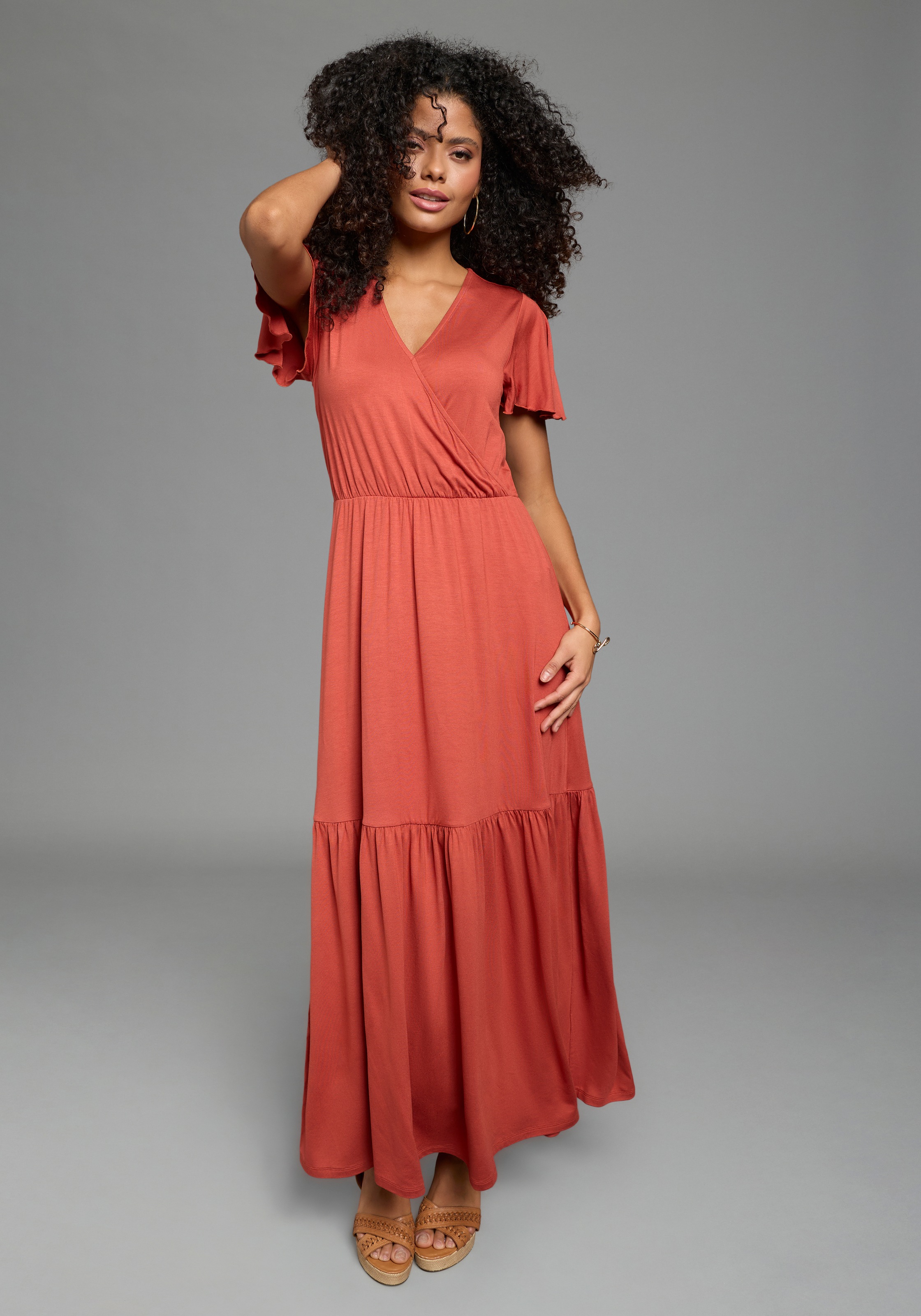 Sommerkleid LAURA SCOTT, Damen, Gr. 38, N-Gr, rostrot, Single Jersey, Obermaterial: 95% Viskose, 5% Elasthan, unifarben, figurbetont lang, V-Ausschnitt, Flügelärmel, Kleider Sommerkleid, langer Schnitt, für warme Tage, aus Single Jersey, mit Flügelärmeln