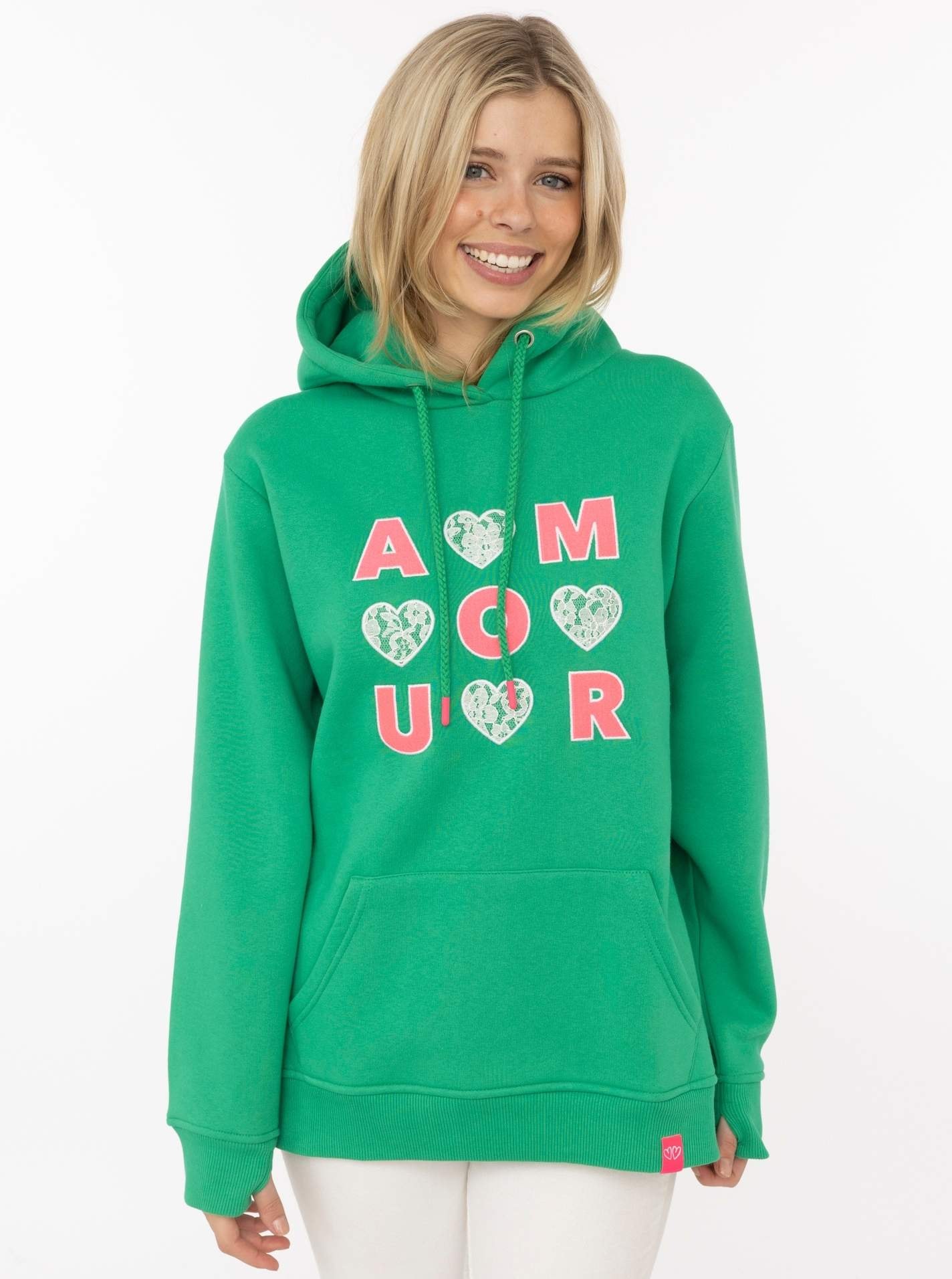 Zwillingsherz Hoodie ""AMOUR"", gesticktes Motiv mit Herzen und Spitze, Kapuze, Kängurutasche
