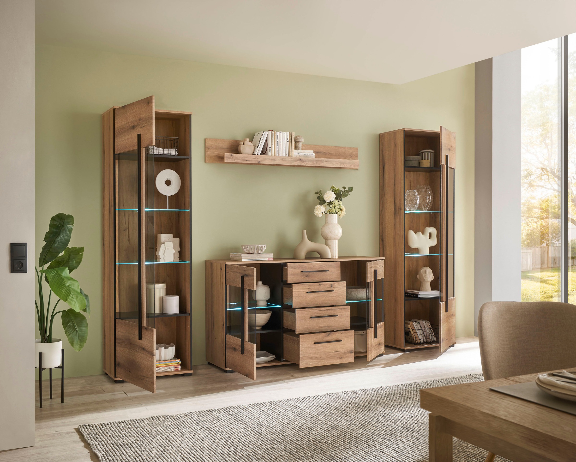 INOSIGN Wohnwand »Cantara, moderne Anbauwand, Wohnzimmer-Set, in Eiche Evoke oder Weiß«, (Set), enthält zwei Vitrinen, ein Sideboard und ein Wandboard