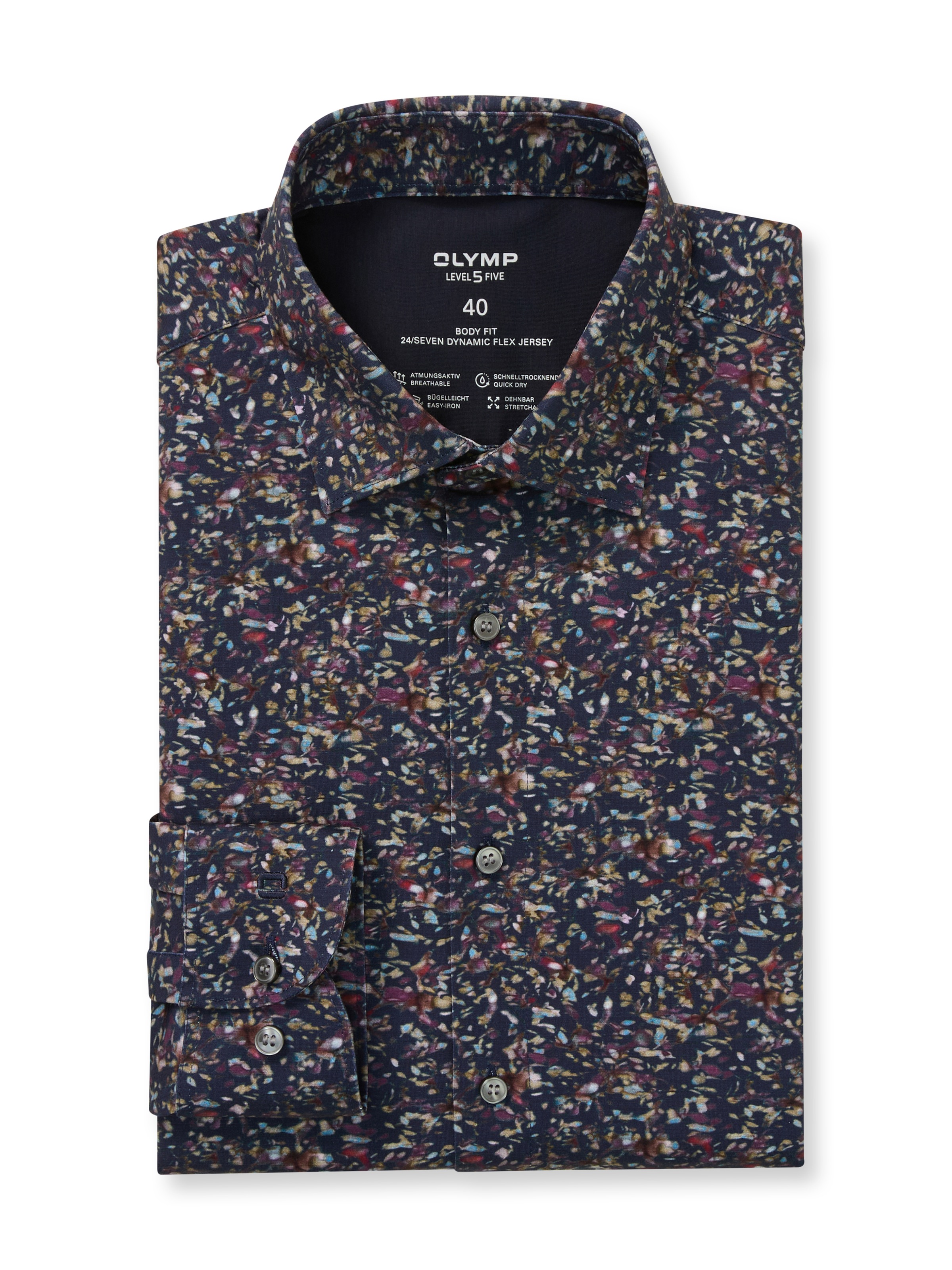 Langarmhemd OLYMP "Level Five 24/Seven", Herren, Gr. 44, N-Gr, marine, Web, Obermaterial: 92% Baumwolle, 8% Elasthan, gemustert, normal, 2-Knopf-Manschette, Hemden, Businesshemd, body fit, Kentkragen, bügelleicht 3