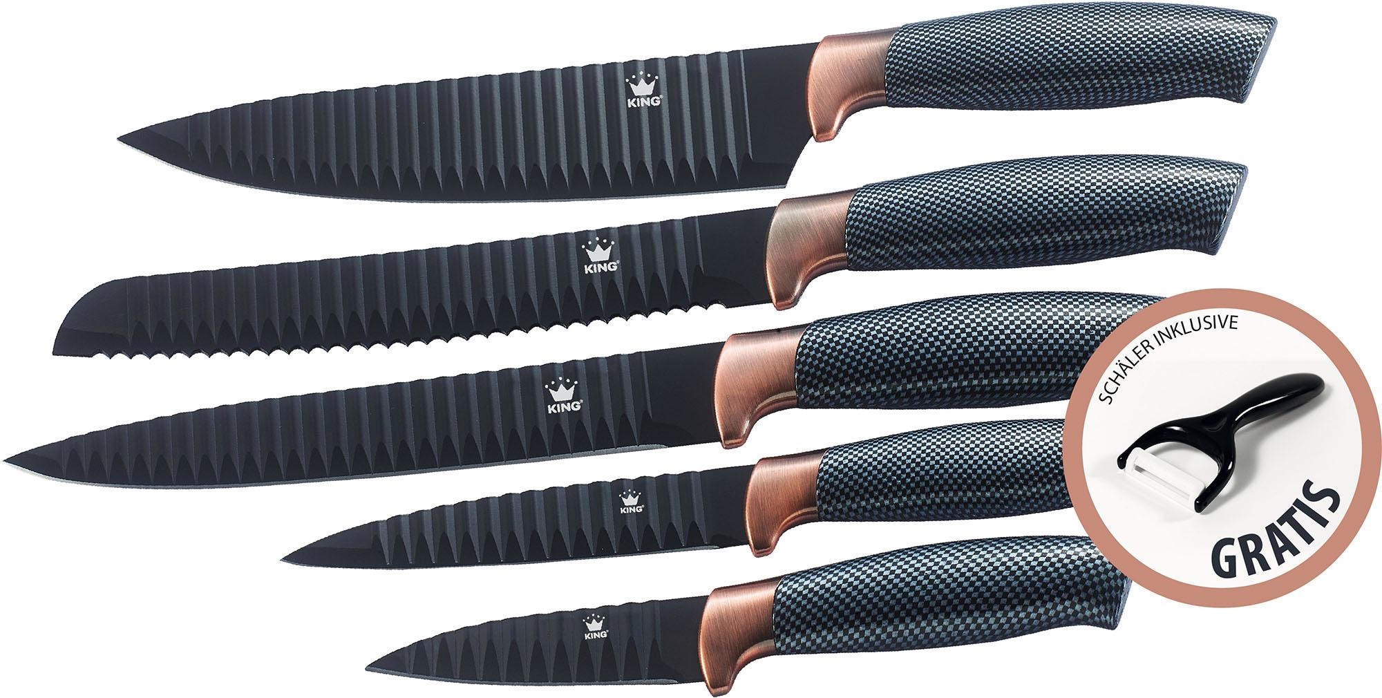 KING Messer-Set »Carbon Design«, (Set, 6 tlg.), (5 Messer), incl. Sparschäler, Wellenschliff