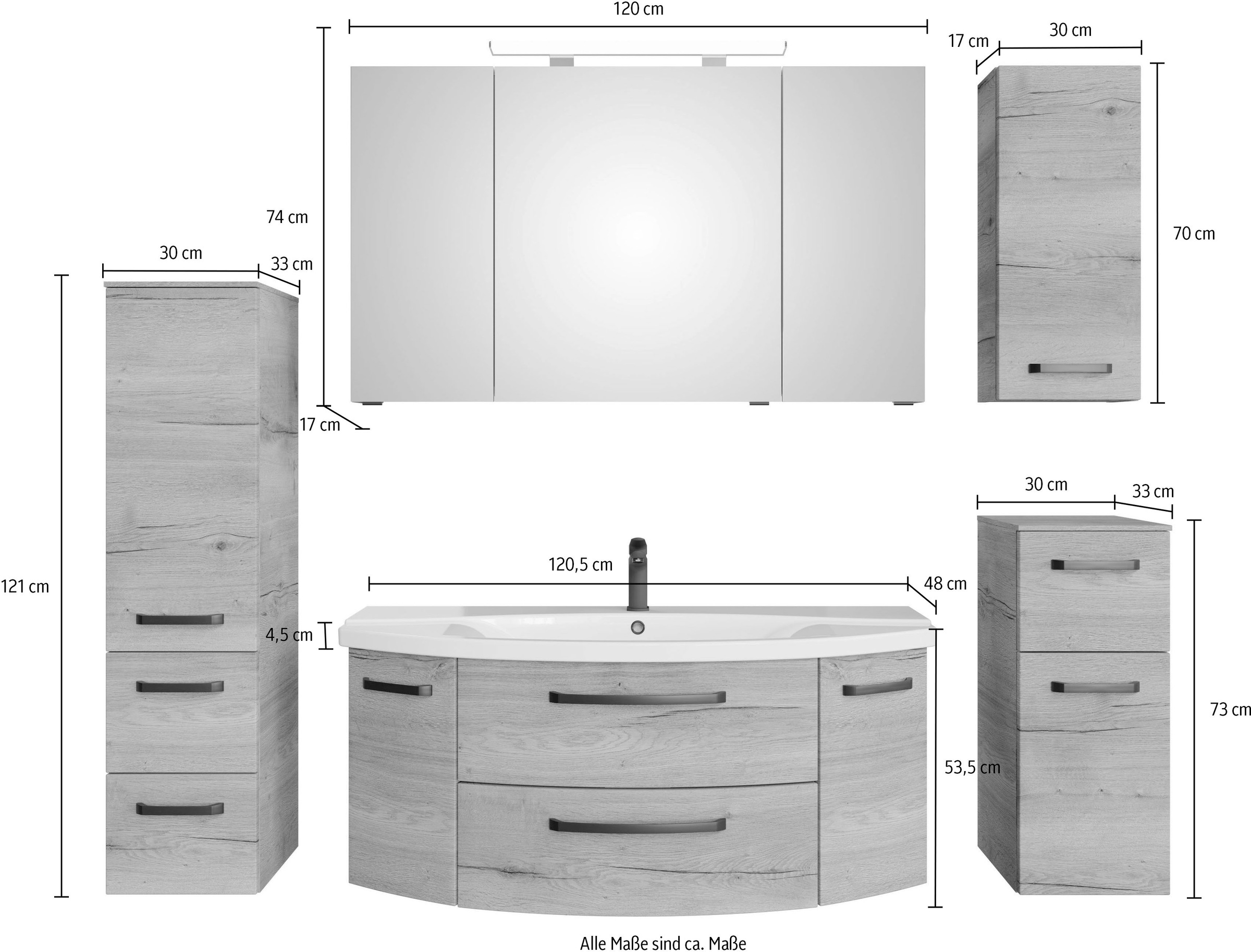 Saphir Badmöbel-Set »Serie 4010 5-teilig Keramik-Waschtisch mit LED-Spiegelschrank«, (Set), Bad Set mit Unterschrank, Hängeschrank, Midischrank, inkl. Türdämpfer
