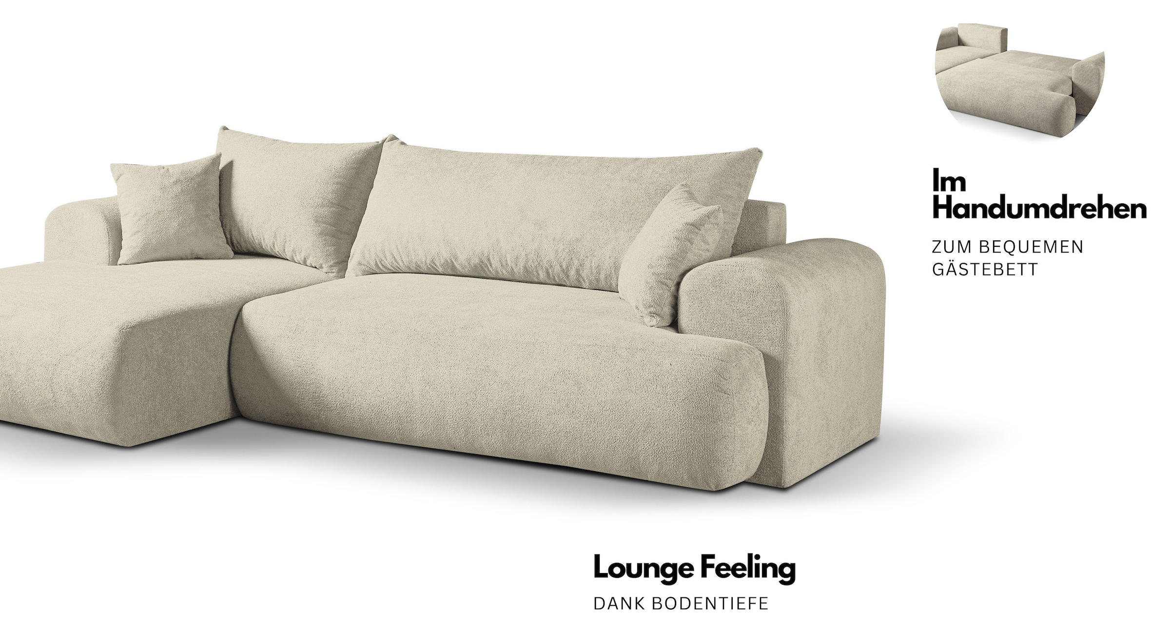 WERK2 Ecksofa »Ewela 265 cm breit organisches Design & Komfort, mit Bett & Bettkasten« Bouclé, L-Form, Schlaffunktion, Bettkasten