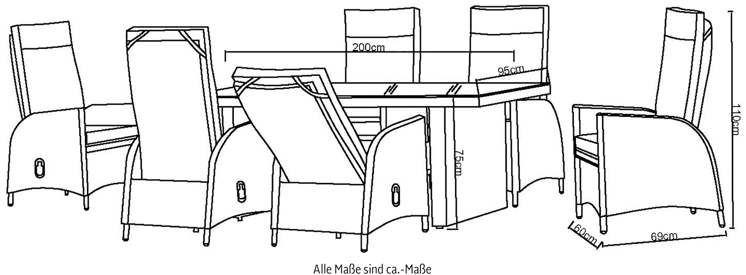 KONIFERA Garten-Essgruppe »»Newcastle««, (Set, 13 tlg., 6 Sessel, Rückenlehne verstellbar, Tisch 95x200x75 cm, inkl. Auflagen), Aluminium/Polyrattan