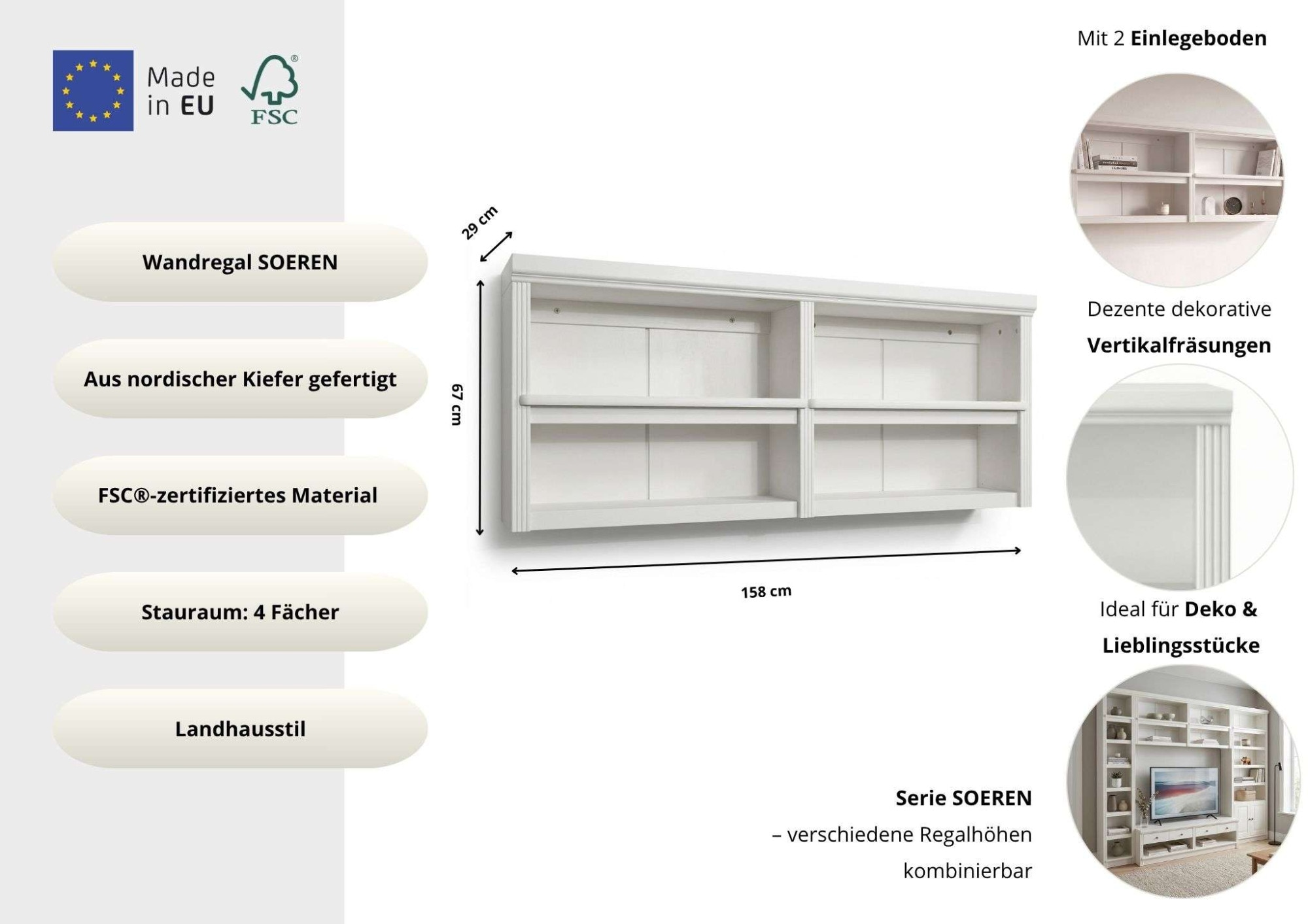OTTO home Wandregal »Soeren« B/T/H: 158/29/67 cm,  aus massiver Kiefer, 4 offene Fächer, FSC®-zertifiziert