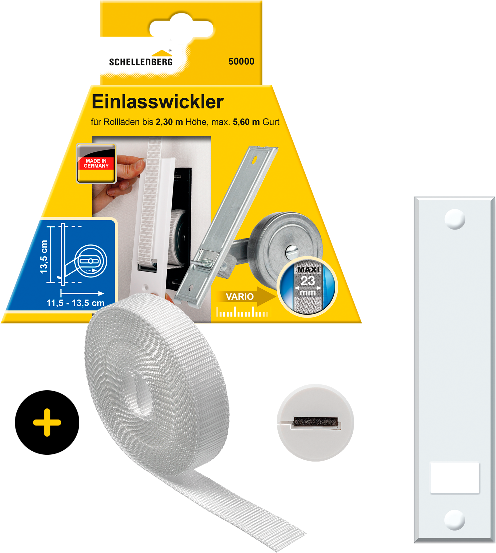 SCHELLENBERG Einlass-Gurtwickler "inkl. Abdeckplatte, Gurtführung, Rollladengurt grau oder weiß" Set, 1 Stk. tlg. Unterputz Gurtwickler 13,5 cm Lochabstand für das Rollladensystem Maxi