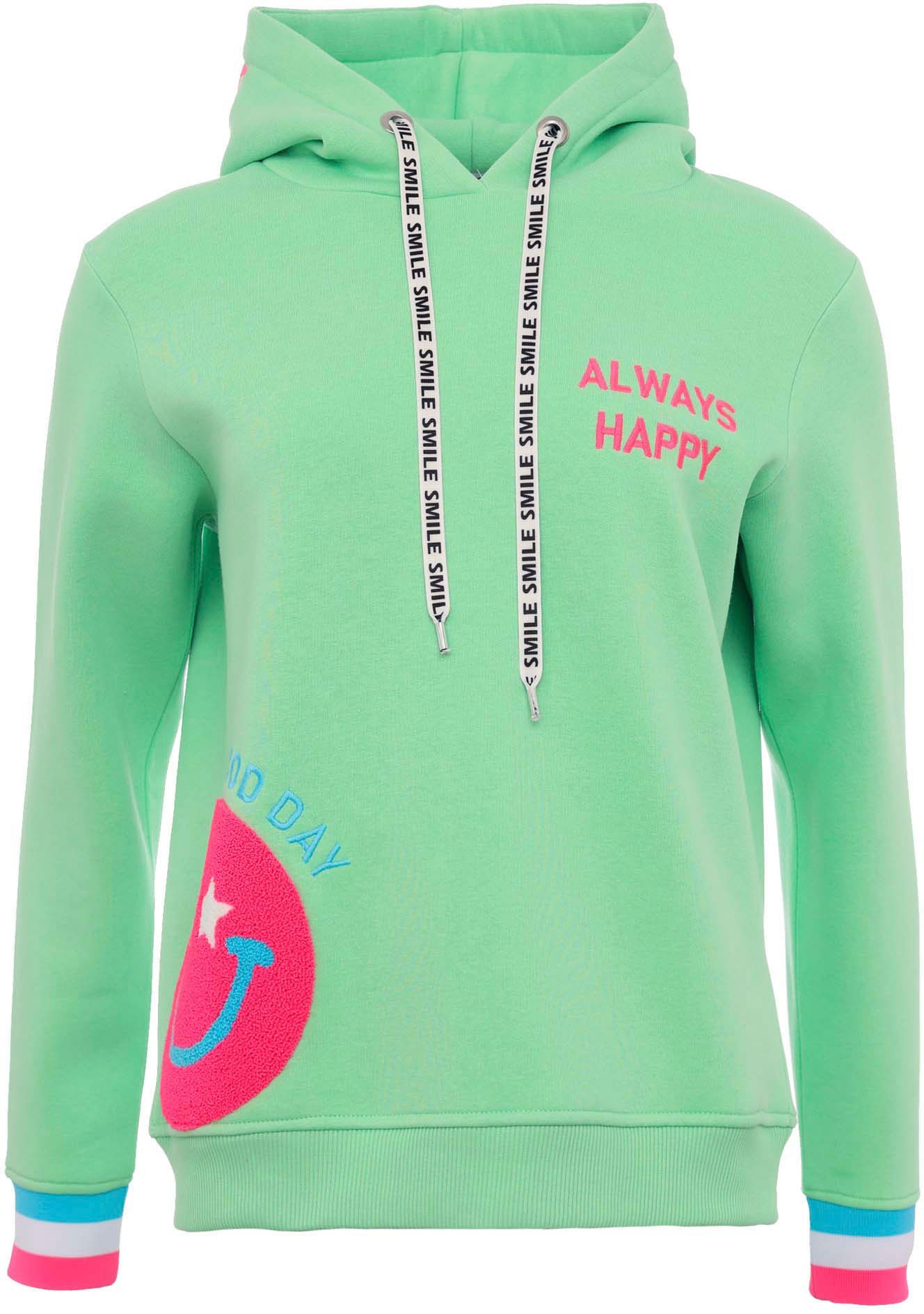 Zwillingsherz Hoodie "Always Happy", Smiley aus Frottee, Neon-Details, Kapu günstig online kaufen