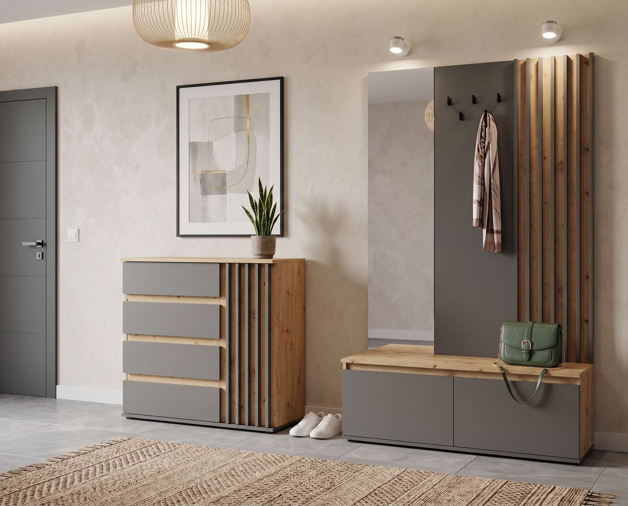 Home affaire Garderobenpaneel »LANDUVA Garderobe mit Schuhschrank, Spiegel und Haken, Breite 120 cm« Garderoben-Set, Kompaktgarderobe, mit Sitzbank, Lamellen Design
