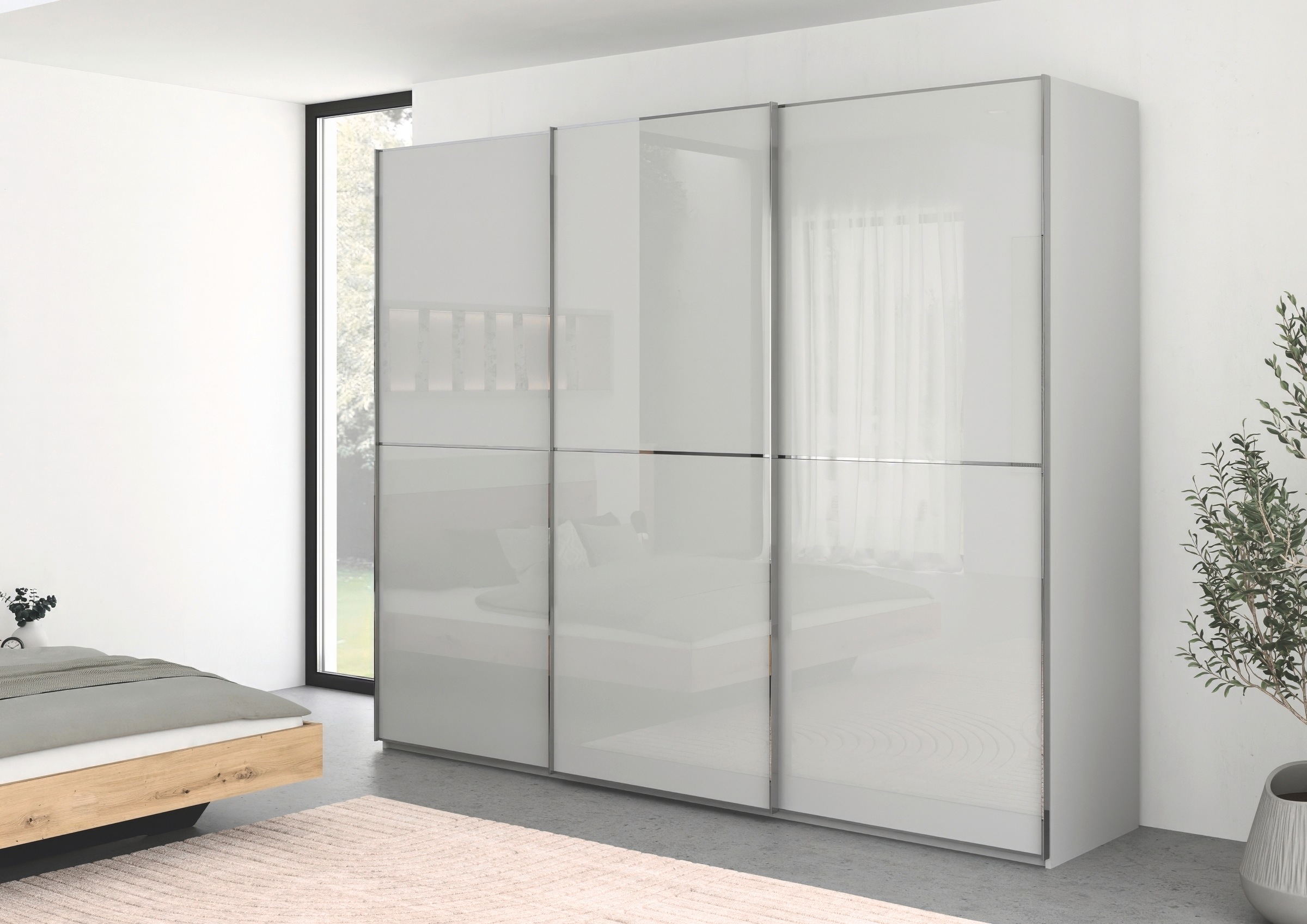 rauch Schwebetürenschrank »Kleiderschrank Schrank Garderobe Schlafzimmerschrank SCALE-DUO«, edle zweigeteilte Türen Glas-Front mit 3 Zierleisten MADE IN GERMANY
