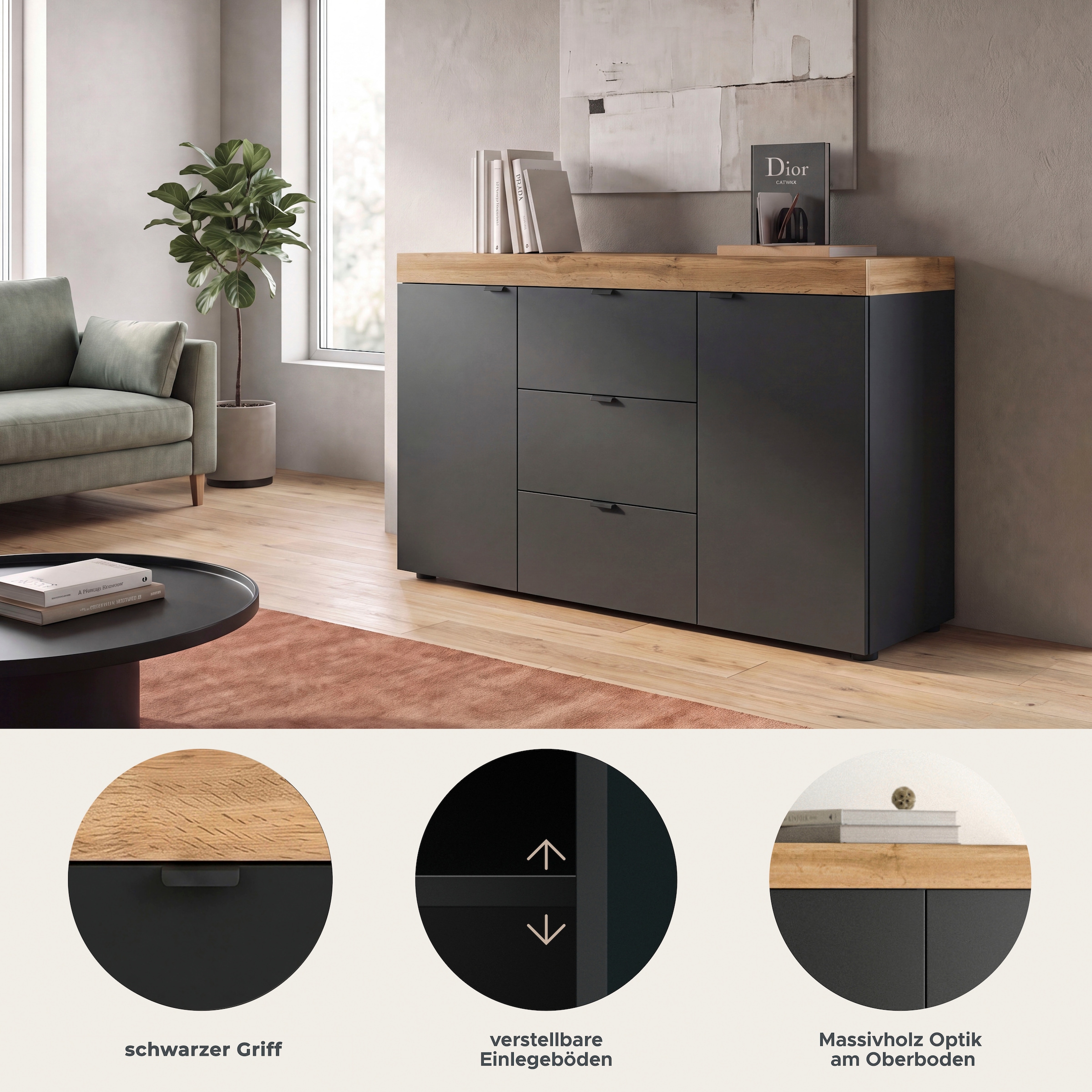 OTTO home Sideboard »MAMBO II, Breite 125 cm, 2 Türen, 3 Schubkästen« 1 Stk. tlg. Sideboard, Kommode, Wohnzimmer, Flur, Arbeitszimmer