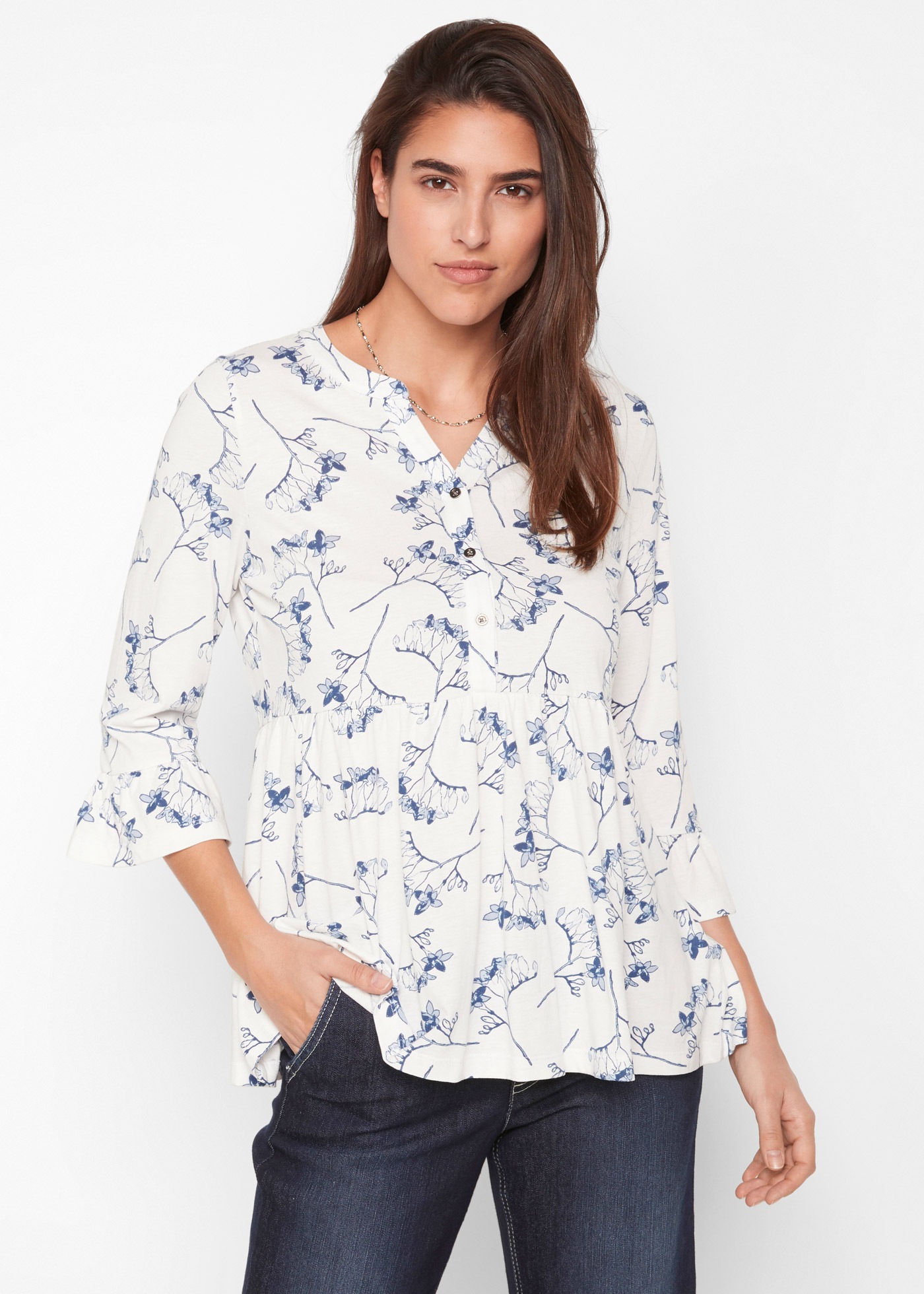 Druckbluse BONPRIX, Damen, Gr. 44/46 (L), wollweiß floral, Web, Obermaterial: 50% Baumwolle, 50% Viskose, bedruckt, geblümt, ausgestellt Po-bedeckend, Rundhals, Volant, Blusen Druckbluse, ausgestellte Passform, 3/4-Ärmel, für Frühling und Sommer