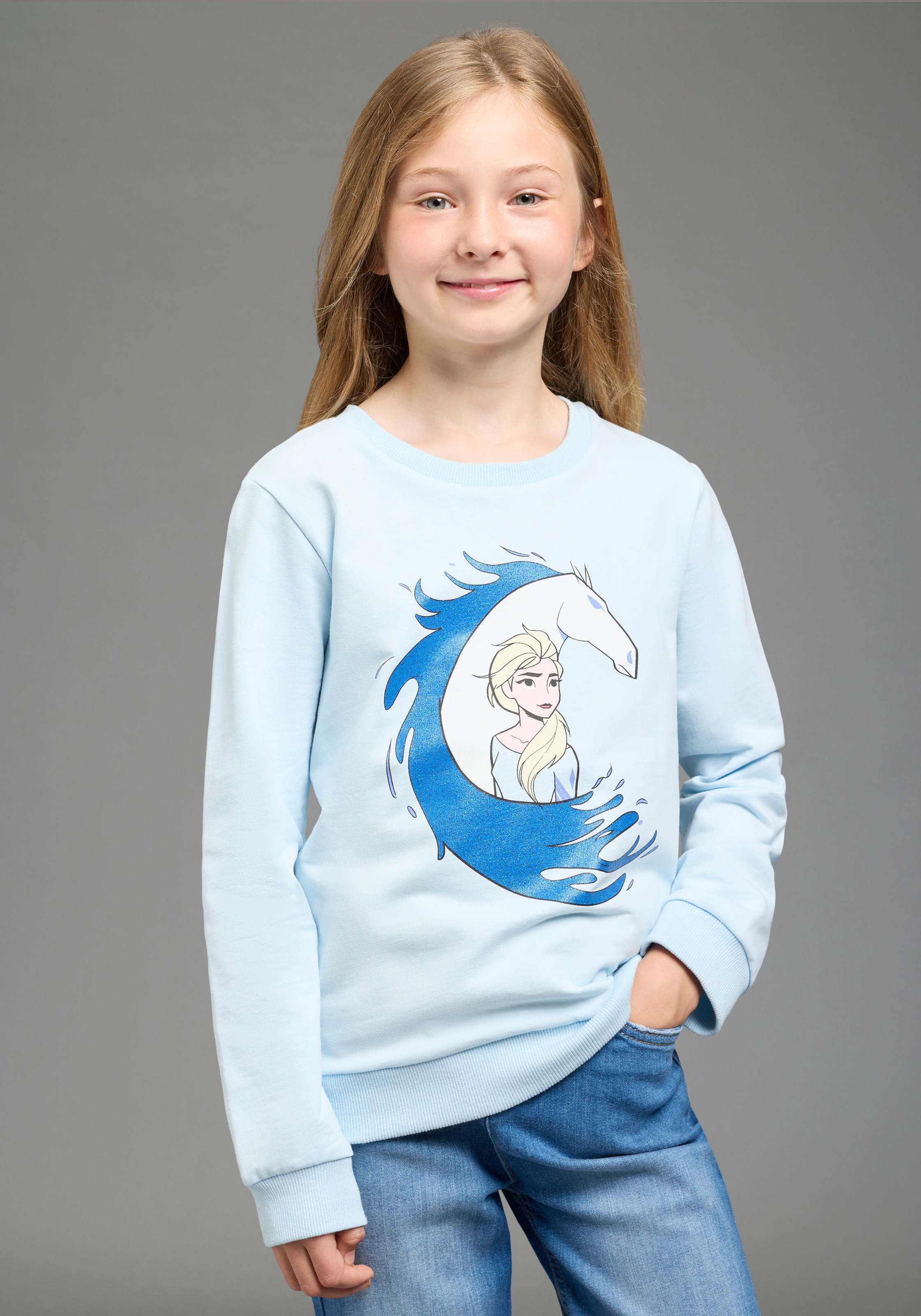 KIDSWORLD Sweatshirt "FROZEN Glitzerdruck Sweatshirt, Disney", Disney-Shirt mit Rundhalsausschnitt, Langarm, hüftlange Basic-Passform