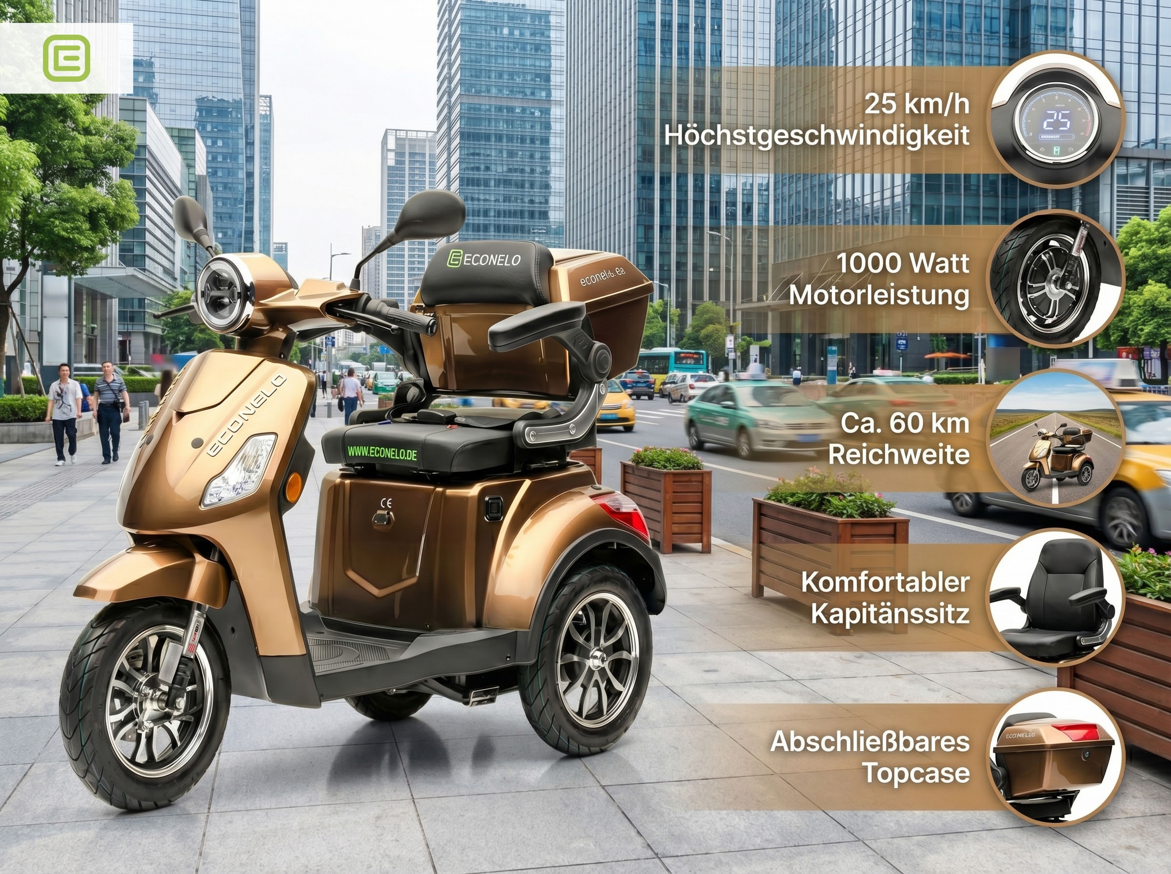 ECONELO Elektromobil »Seniorenmobil P1000, Lithium-Akku, 25 km/h, 1000 Watt« 1.000 W 25 km/h
