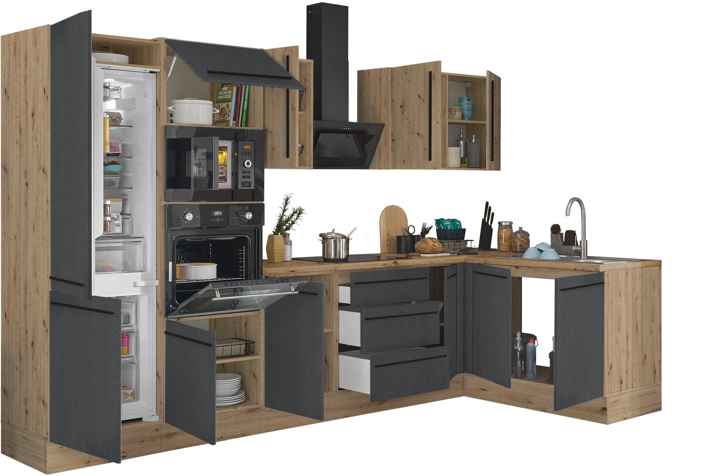 KOCHSTATION Winkelküche »Florida, Stellbreite 330x165 cm« wahlweise mit E-Geräten, mit Softclose für Türen und Schubkästen