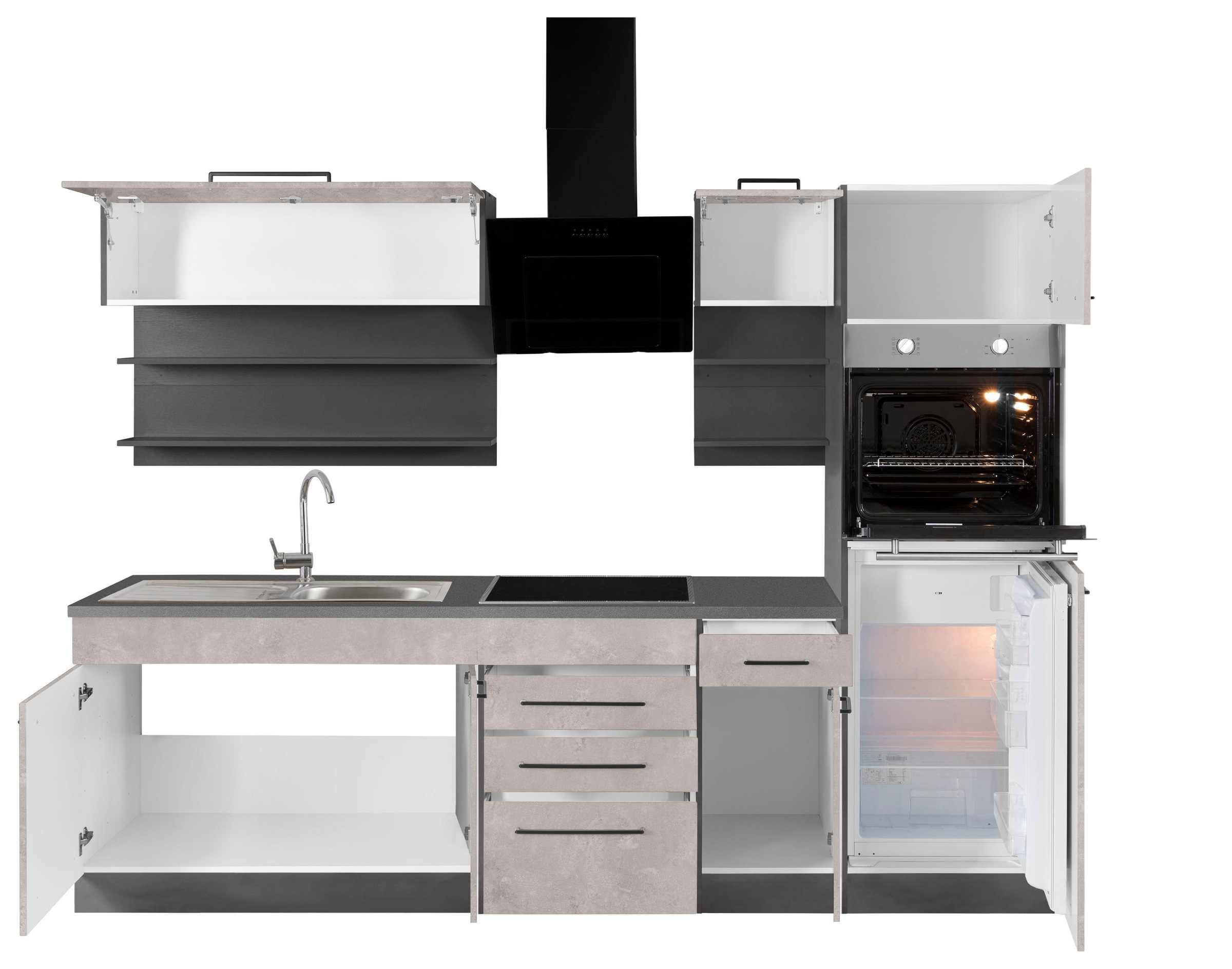 KOCHSTATION Küchenzeile »KS-Tulsa«, mit E-Geräten, Breite 270 cm, schwarze Metallgriffe, MDF Fronten
