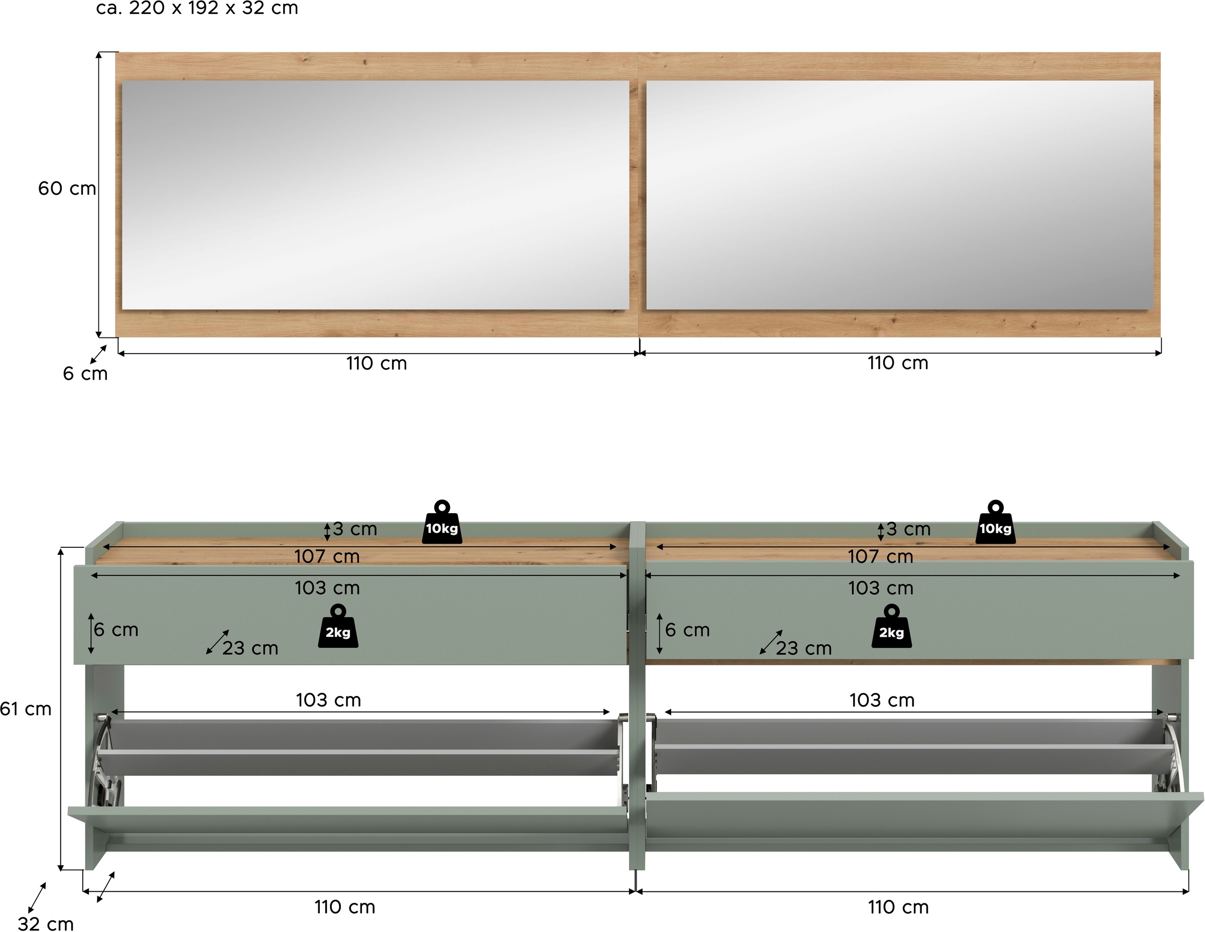 INOSIGN Garderoben-Set »EVRID, 4-teilig, Breite 220 cm, individuell hängbar & erweiterbar«, (4 St., best. aus: 2x Kommode und 2x Spiegel), Garderobenkombination, Garderobe, Wandgarderobe, Flur, Diele